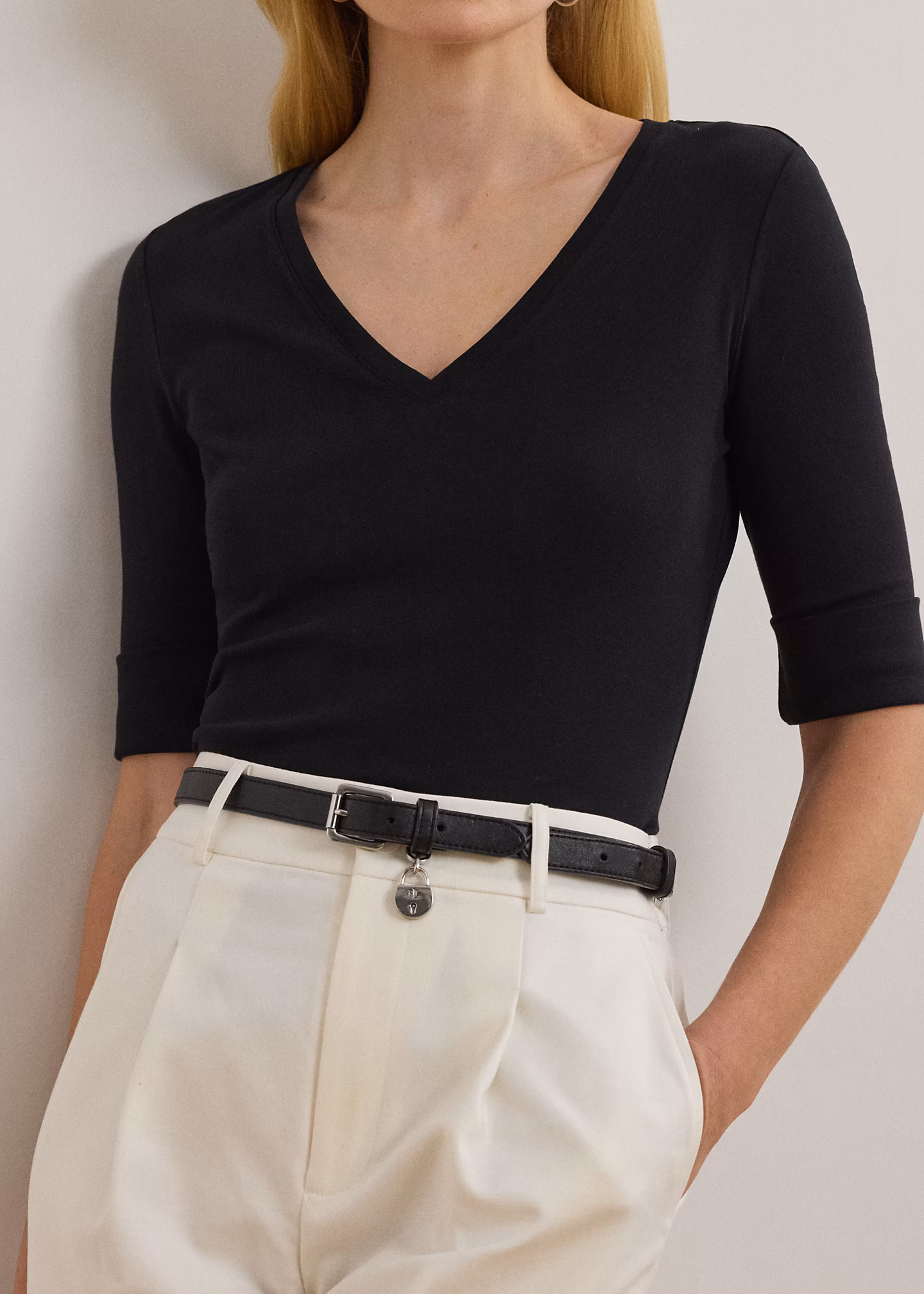 Baumwollstretch-T-Shirt mit V-Ausschnitt - RALPH LAUREN OUTLET