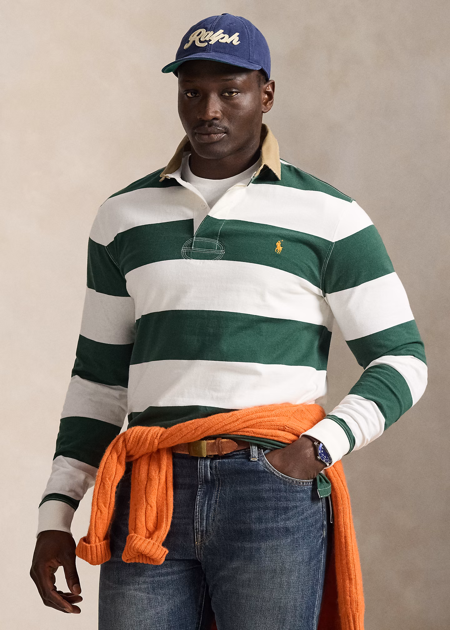 Gestreiftes Rugbyshirt mit Khaki-Kragen - RALPH LAUREN OUTLET