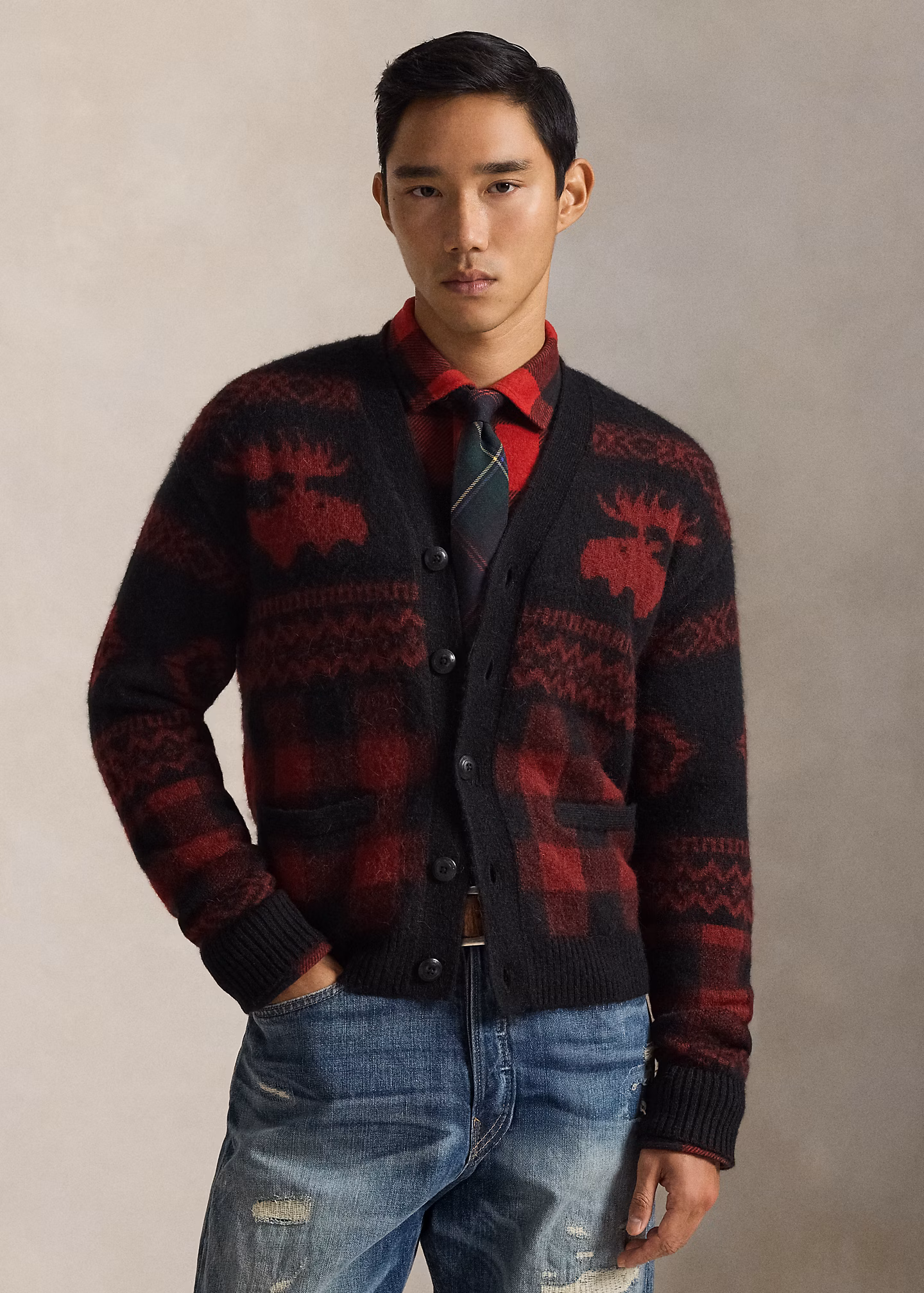 Buffalo-Karo-Strickjacke mit Elchgrafik - RALPH LAUREN OUTLET