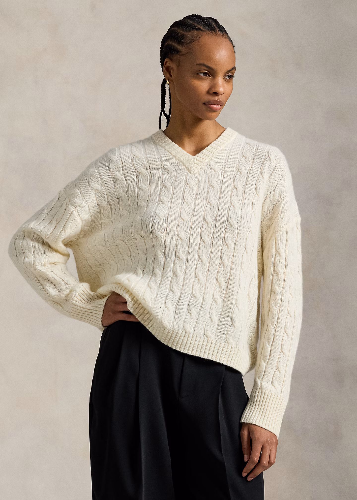 Kaschmir-Zopfpullover mit V-Ausschnitt - RALPH LAUREN OUTLET