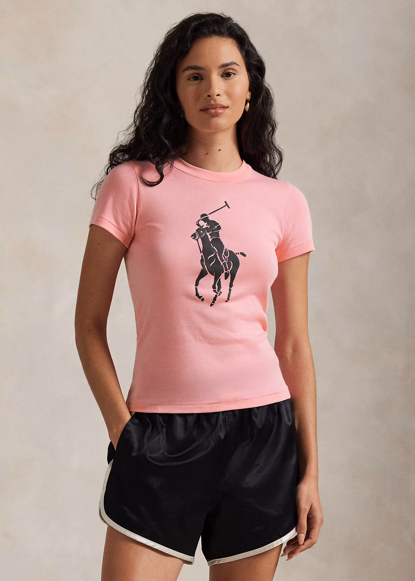 Geripptes Baumwoll-T-Shirt mit Pink Pony - RALPH LAUREN OUTLET