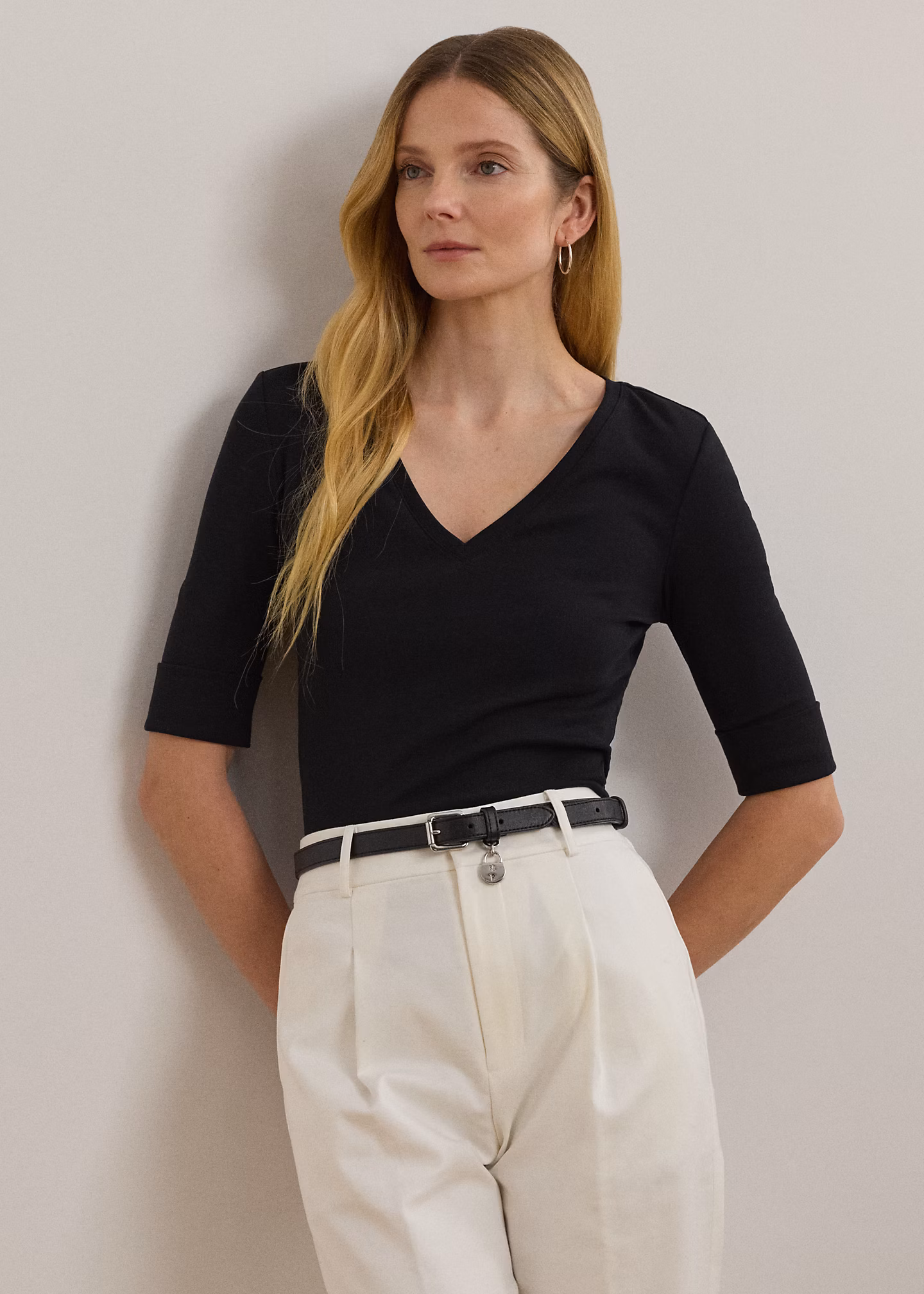 Baumwollstretch-T-Shirt mit V-Ausschnitt - RALPH LAUREN OUTLET