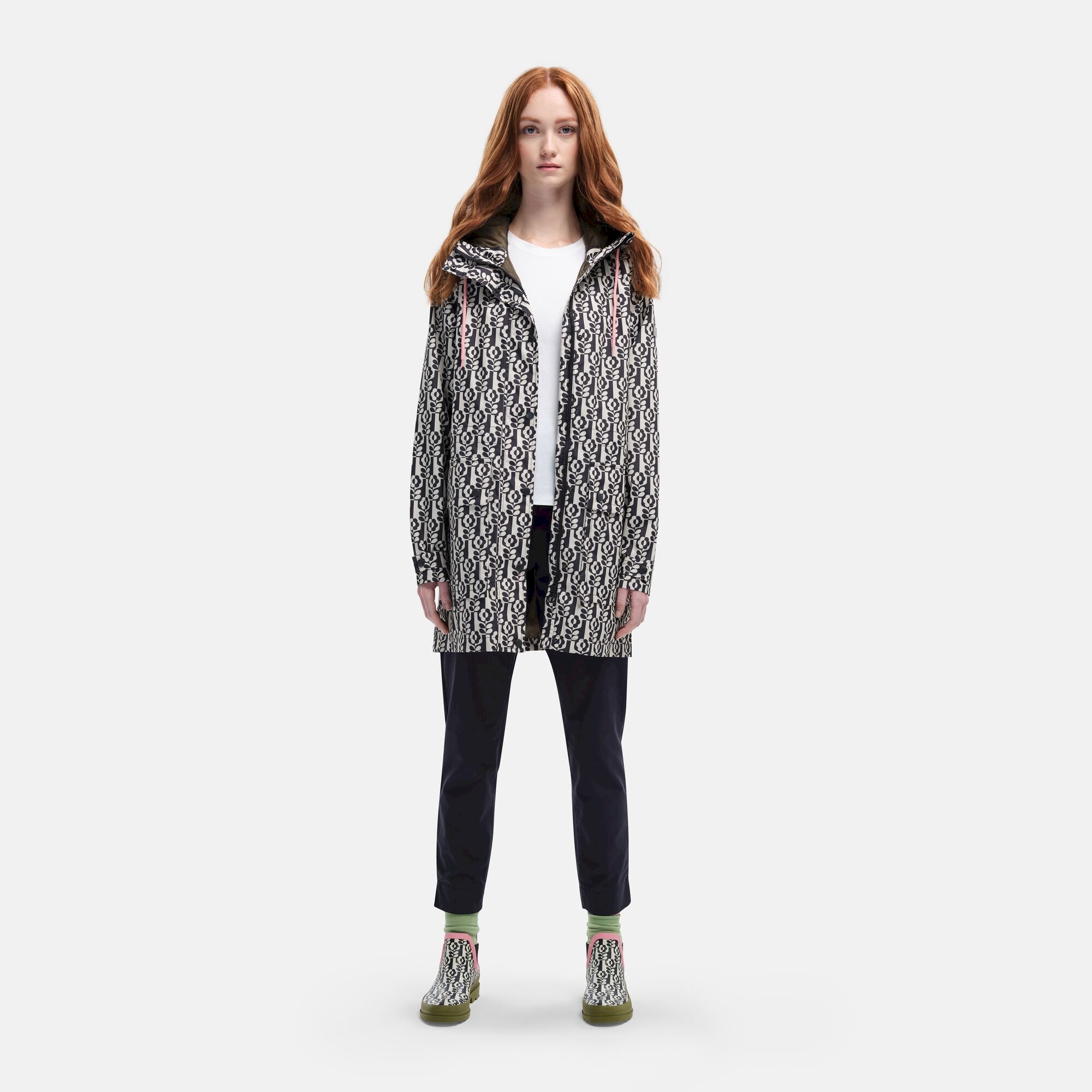 Orla Kiely Long Line Waterproof Fashion Jacket | Stem in Vase Black