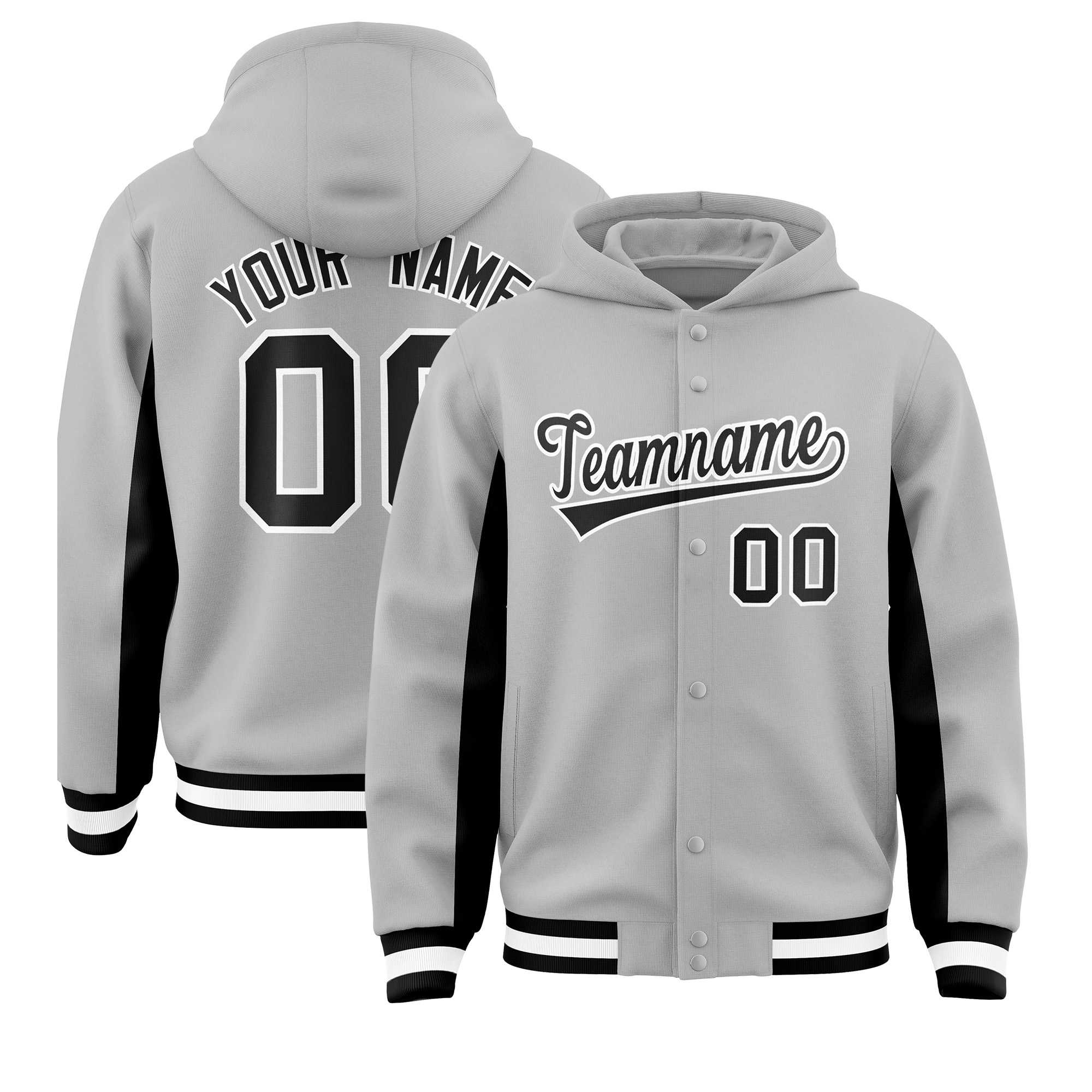 Custom Gray Black Color Block Varsity Full-Snap Letterman Jacket Hoodie