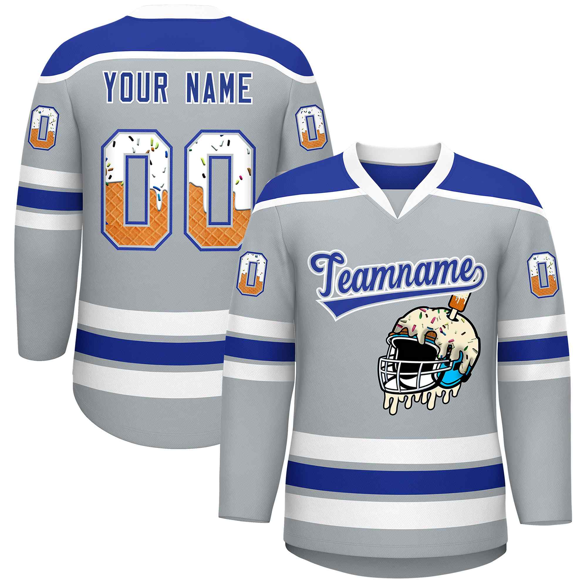 Custom Silver Royal Blue Ice Cream Helmet Pattern Personalized V-Neck Hockey Jersey