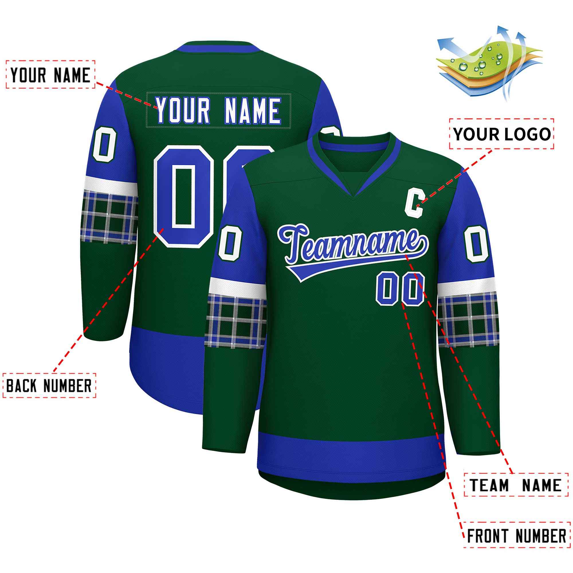 Custom Green Royal-White Personalized Raglan Sleeves V-Neck Hockey Jersey