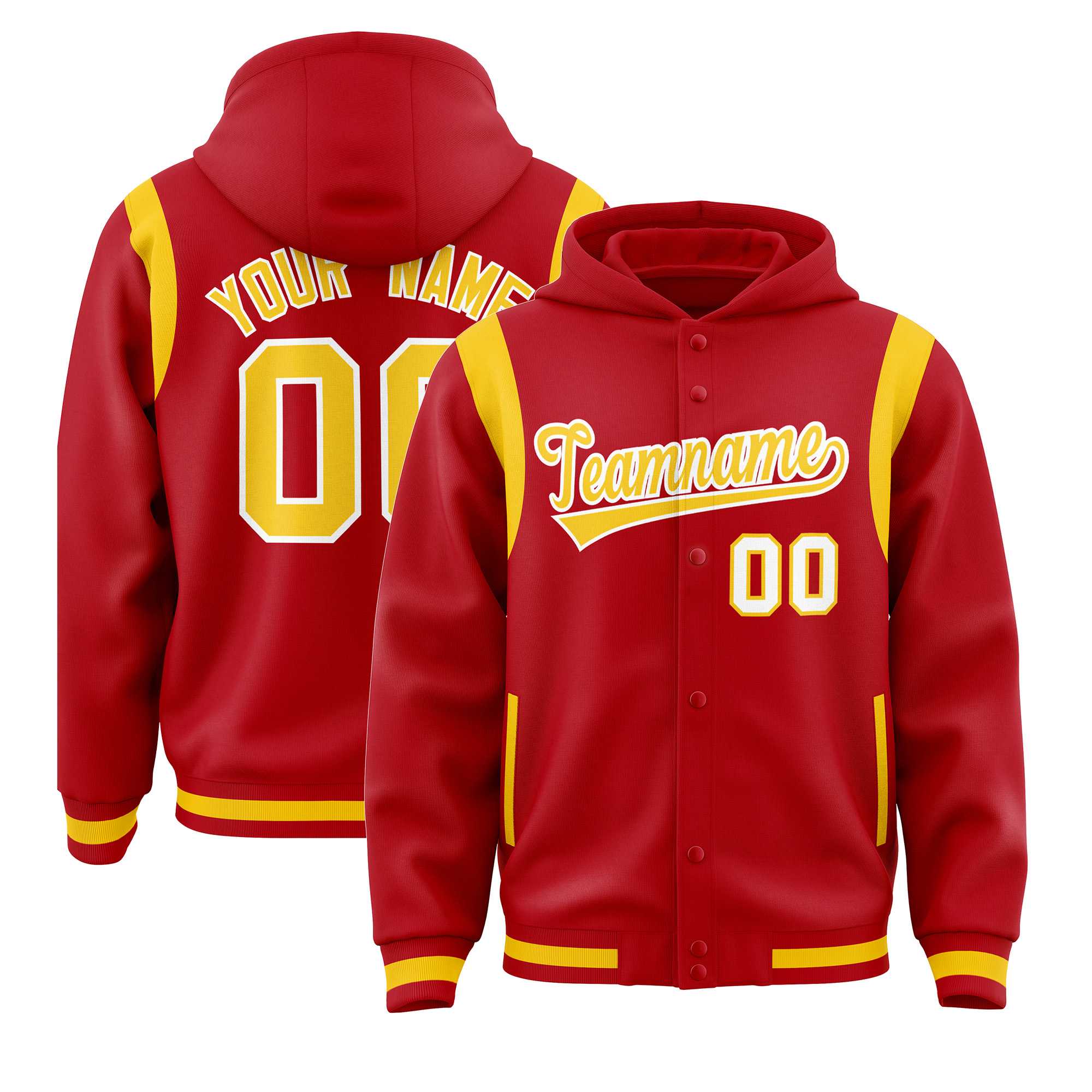 Custom Red Gold Varsity Full-Snap Letterman Shoulder Color Block Jacket Hoodie