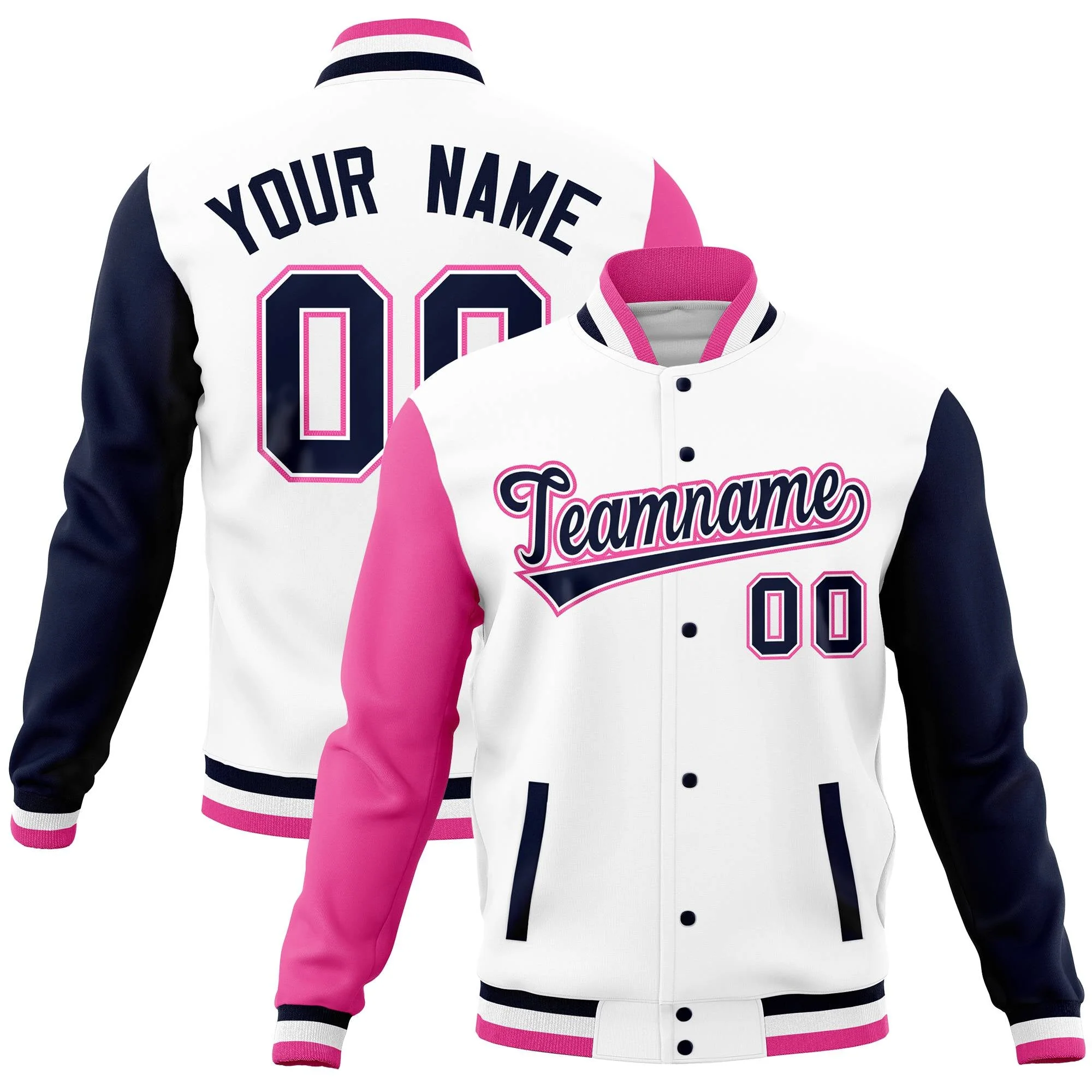 Custom White Navy-Pink Full-Snap Varsity Raglan Sleeves Letterman Baseball Jacket