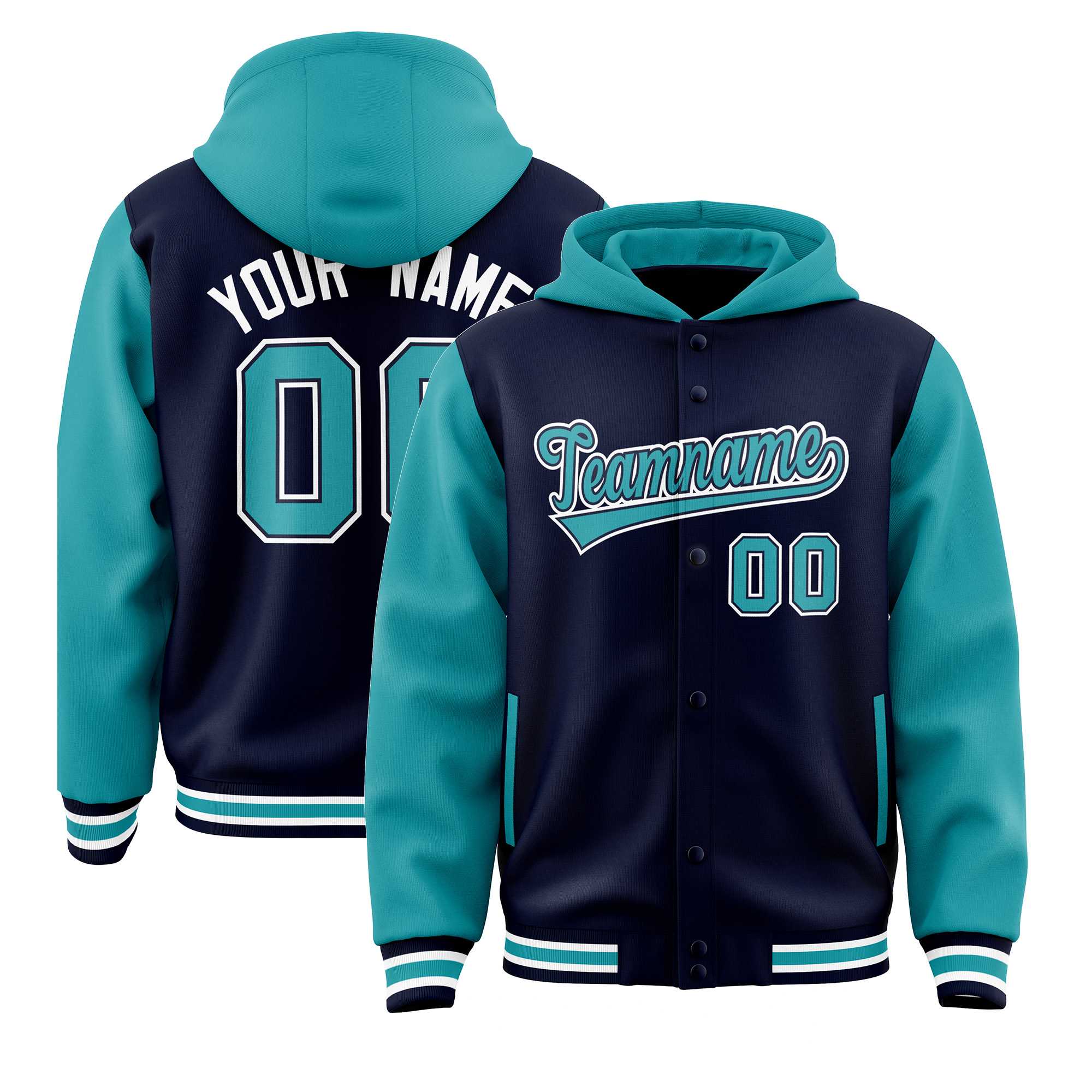 Custom Navy Aqua Raglan Sleeves Varsity Full-Snap Letterman Two Tone Jacket Hoodie