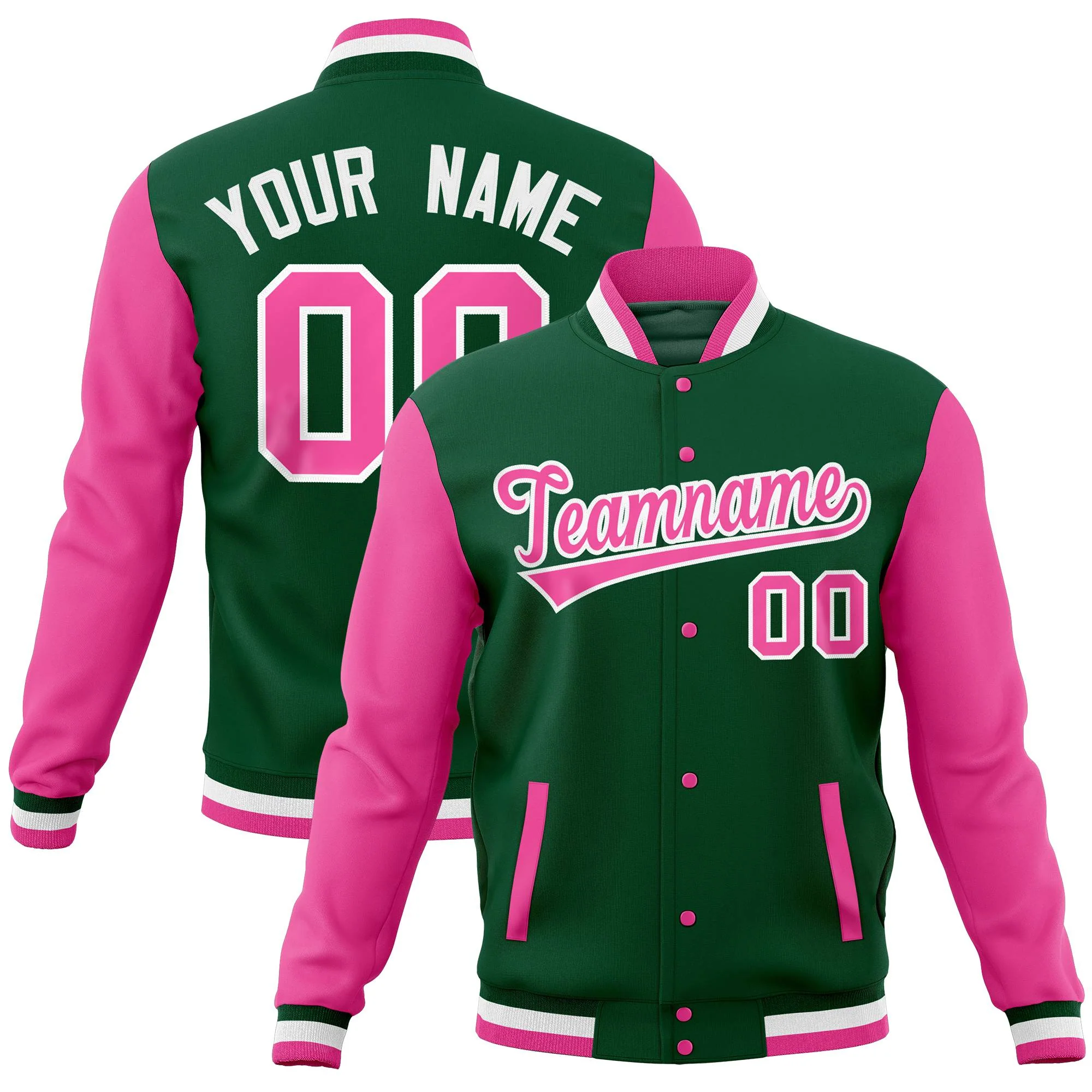 Custom Green Pink Full-Snap Varsity Raglan Sleeves Letterman Baseball Jacket