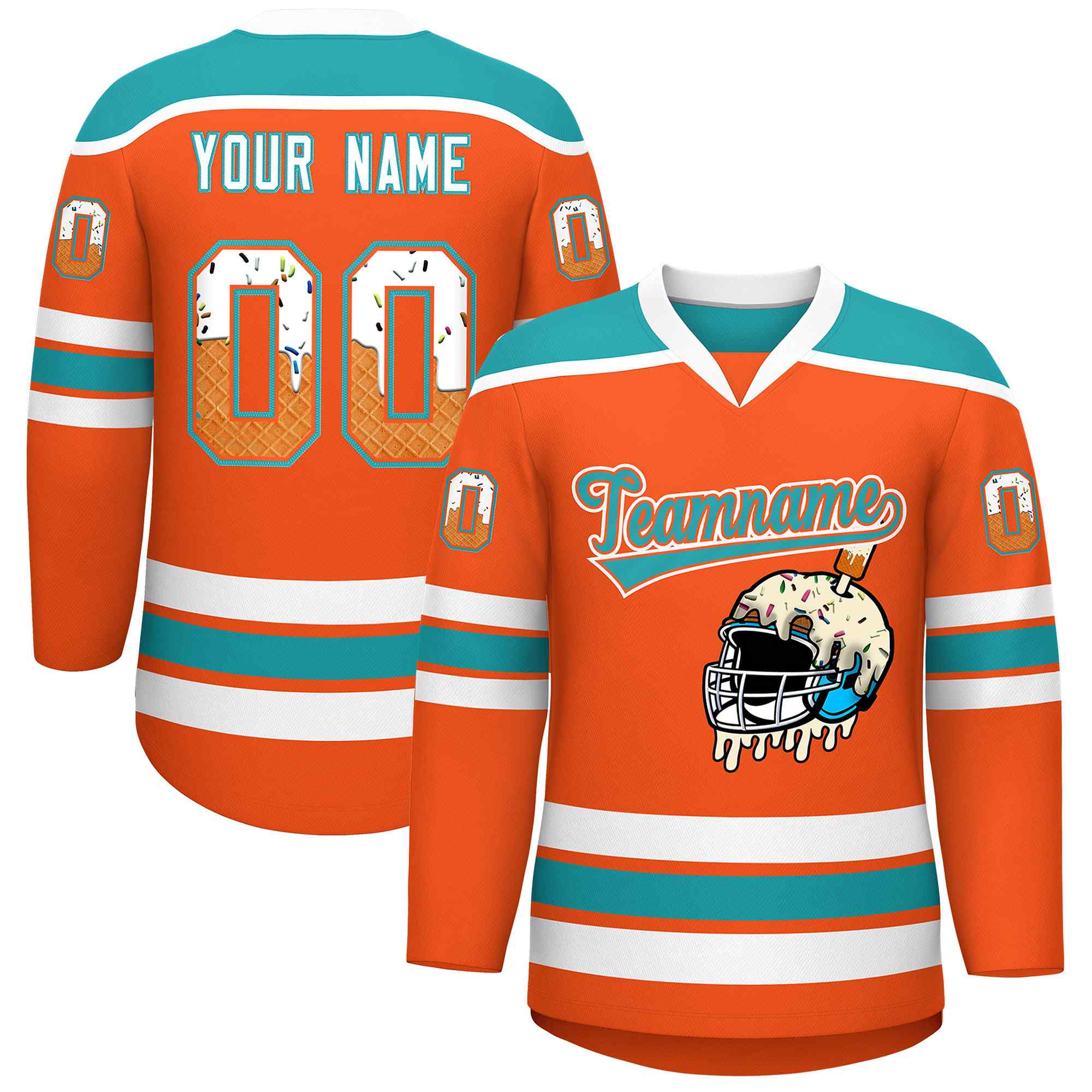Custom Orange Aqua Ice Cream Helmet Pattern Personalized V-Neck Hockey Jersey
