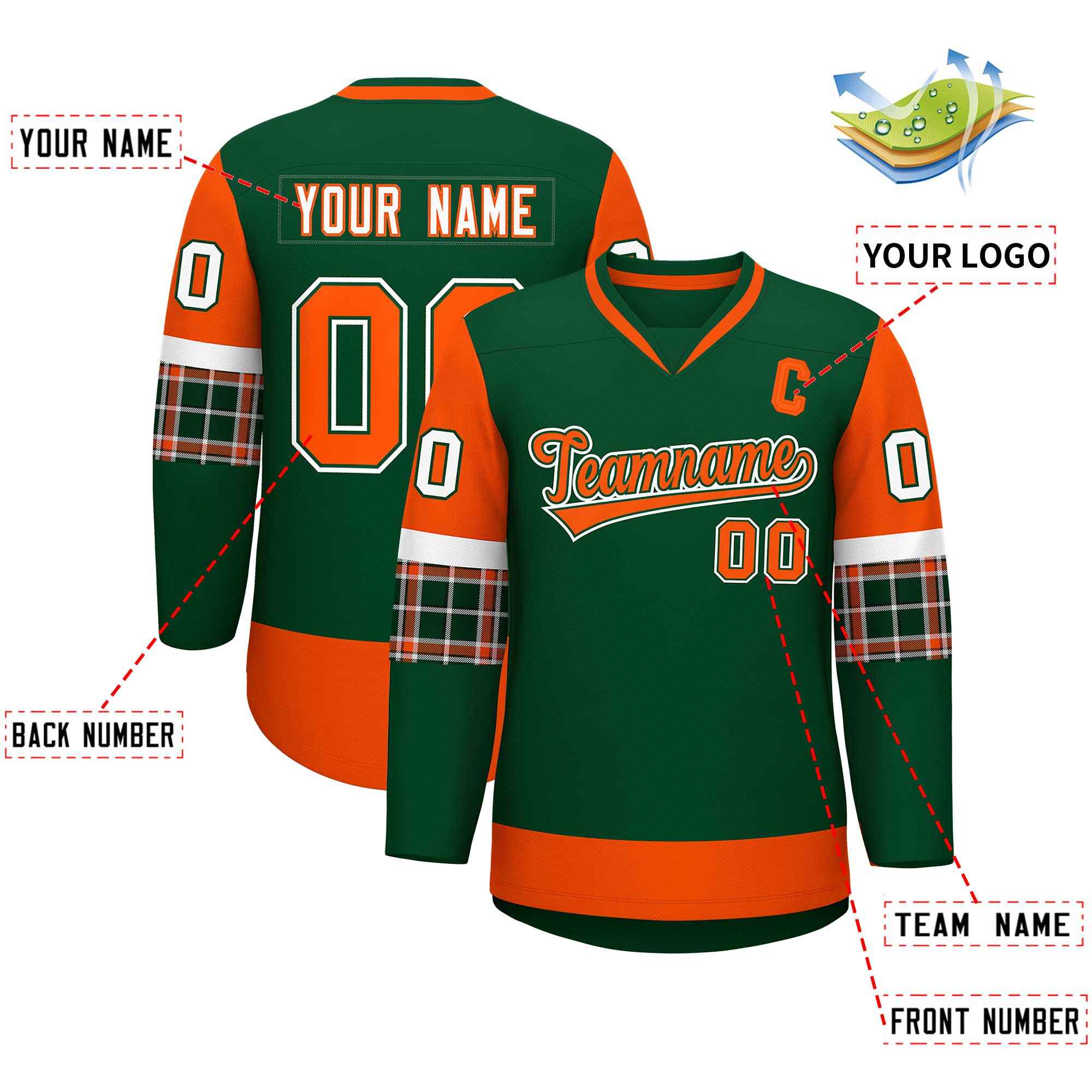 Custom Green Orange-White Personalized Raglan Sleeves V-Neck Hockey Jersey