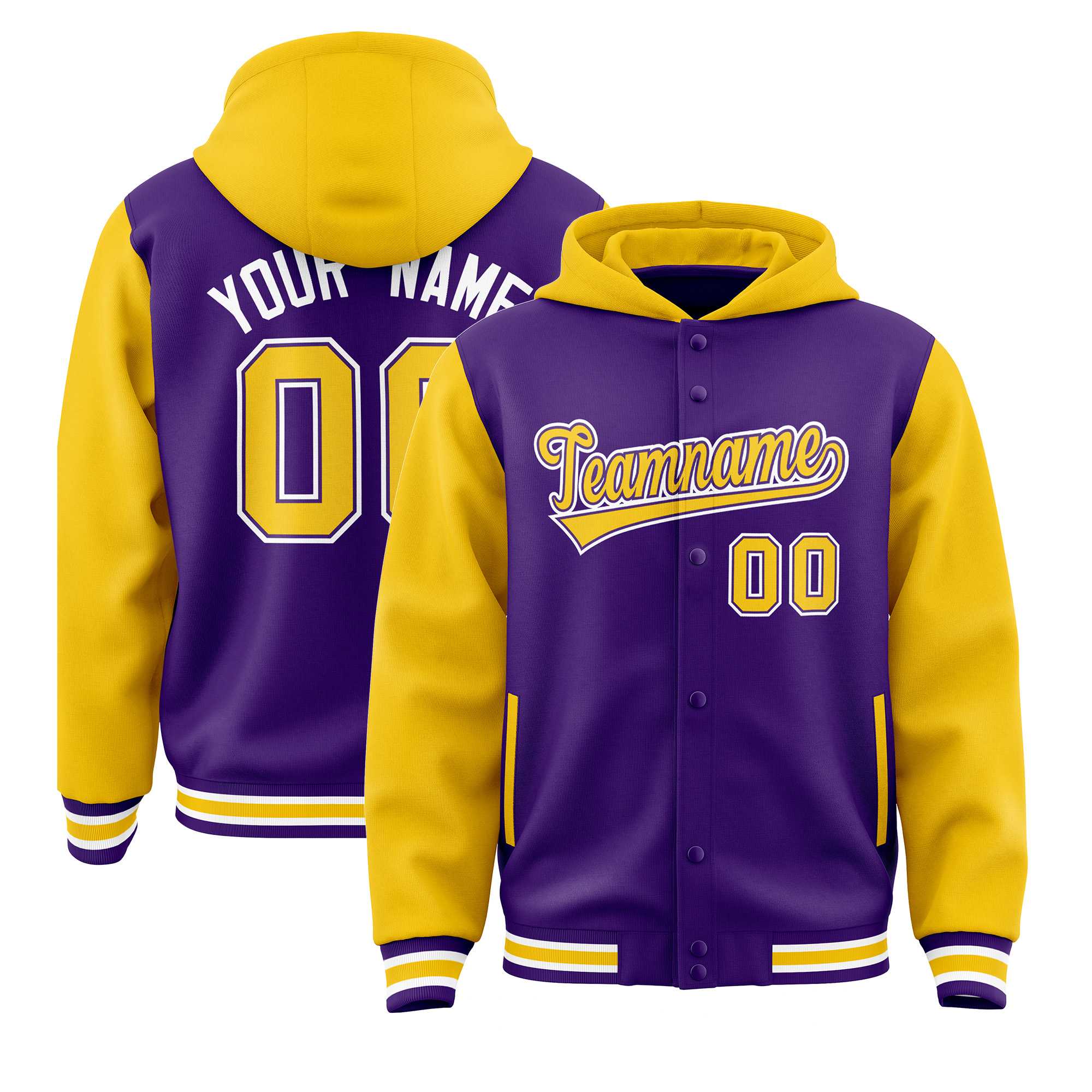 Custom Purple Gold Raglan Sleeves Varsity Full-Snap Letterman Two Tone Jacket Hoodie