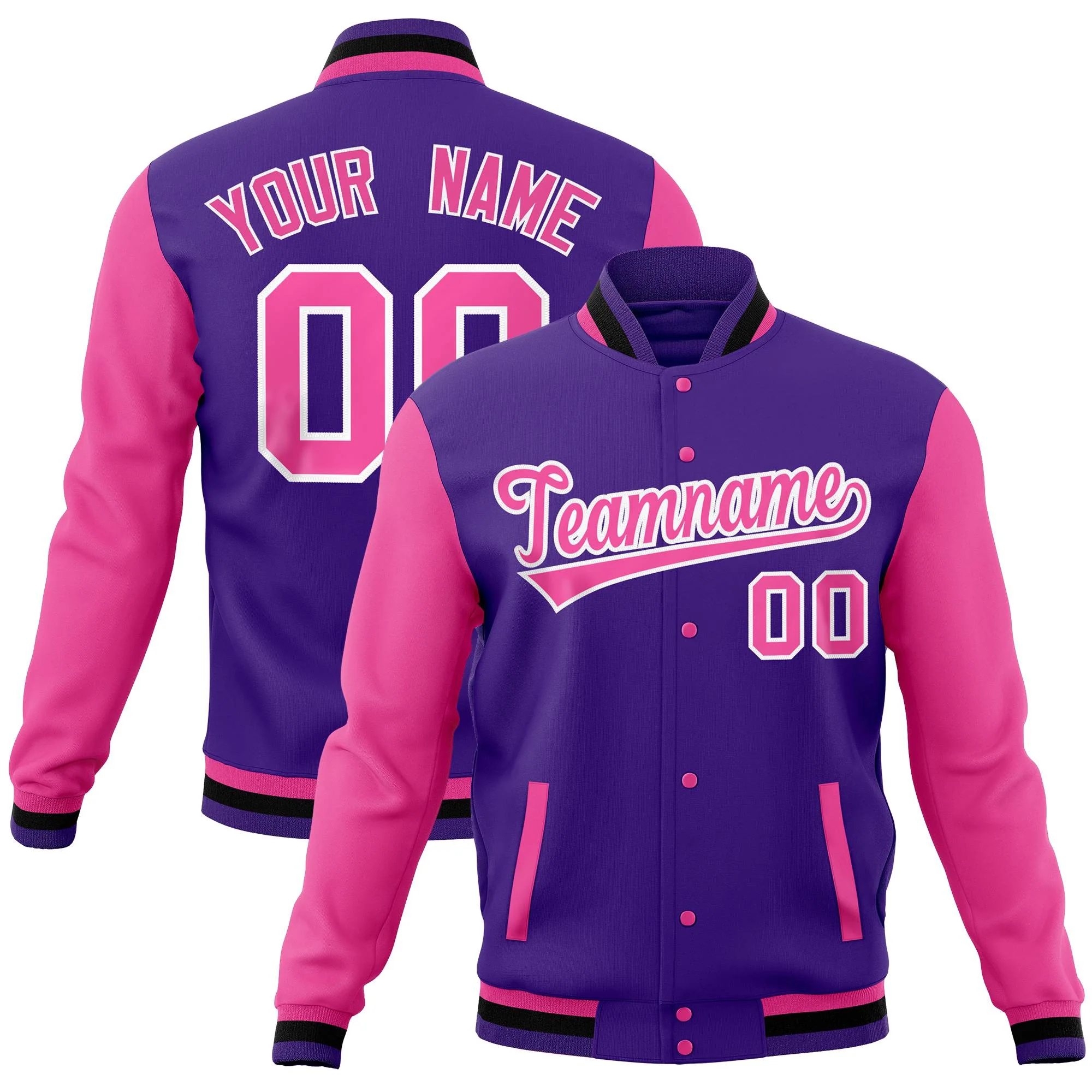 Custom Purple Pink Full-Snap Varsity Raglan Sleeves Letterman Baseball Jacket