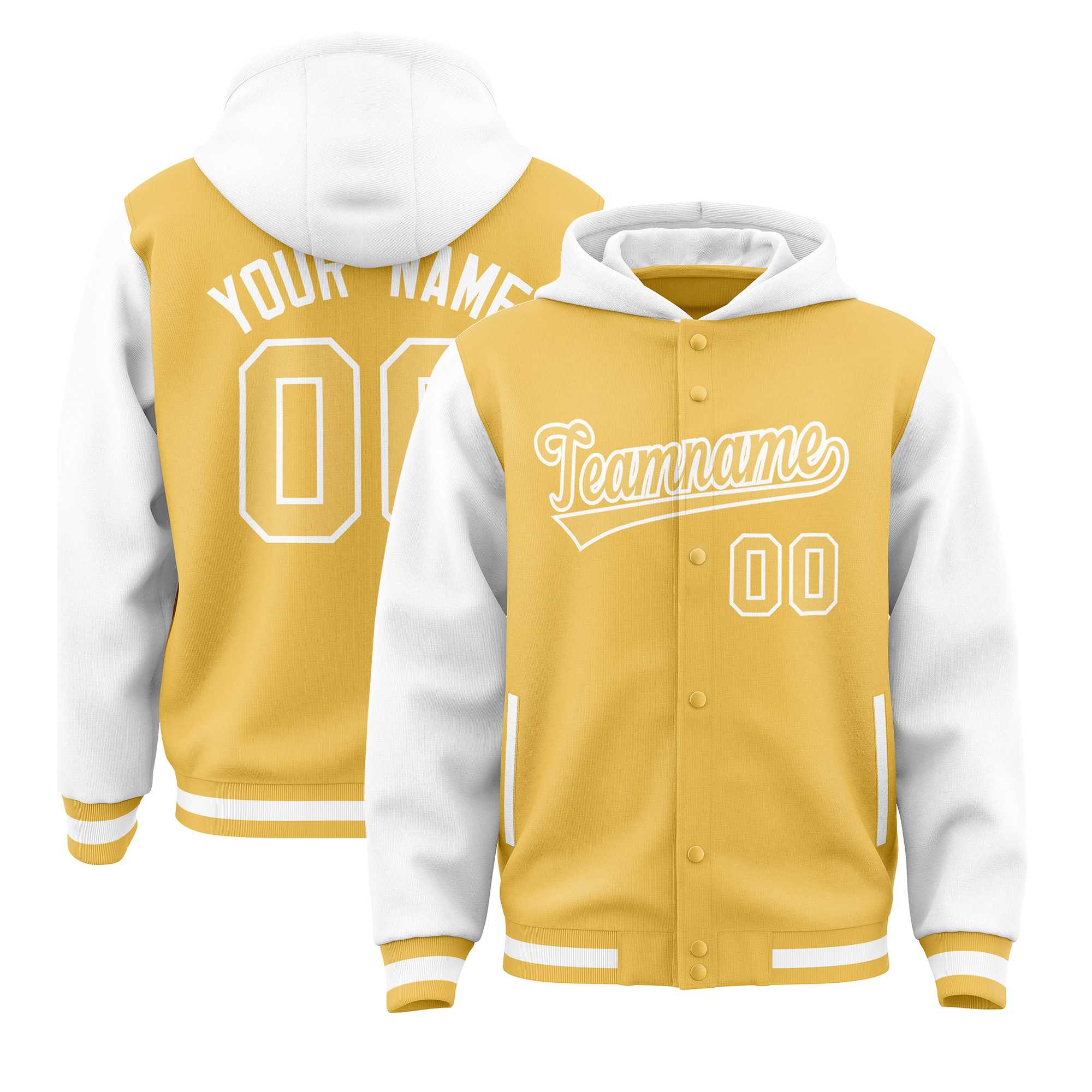 Custom Yellow White Raglan Sleeves Varsity Full-Snap Letterman Two Tone Jacket Hoodie