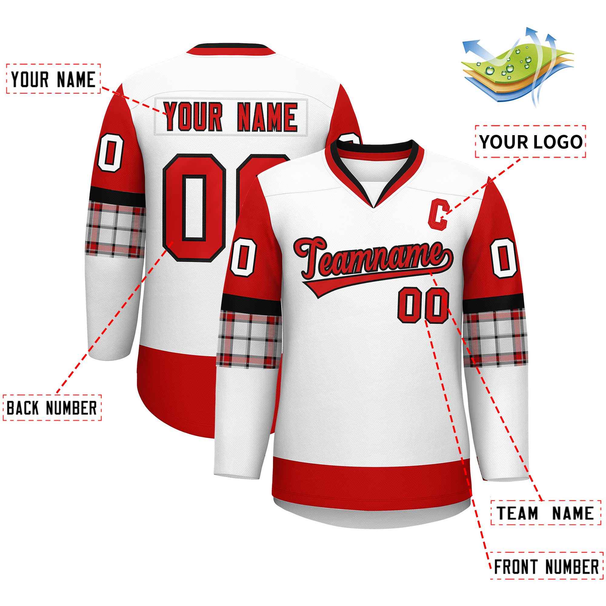 Custom White Red-Black Personalized Raglan Sleeves V-Neck Hockey Jersey