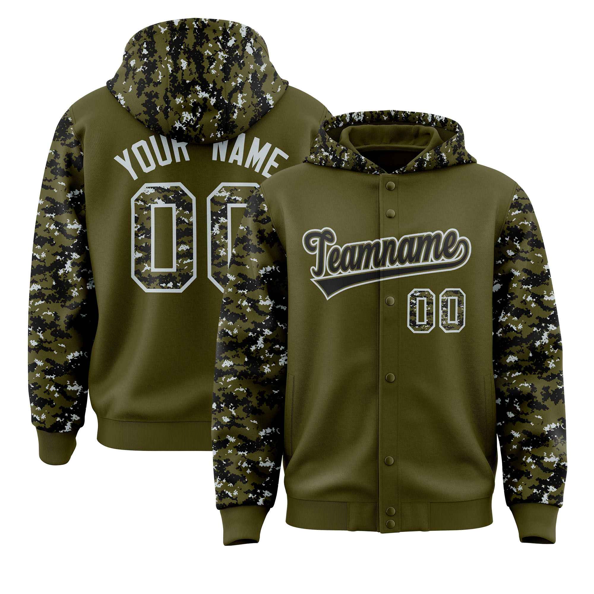 Custom Olive Black-Silver Raglan Sleeves Varsity Full-Snap Letterman Camo Jacket Hoodie