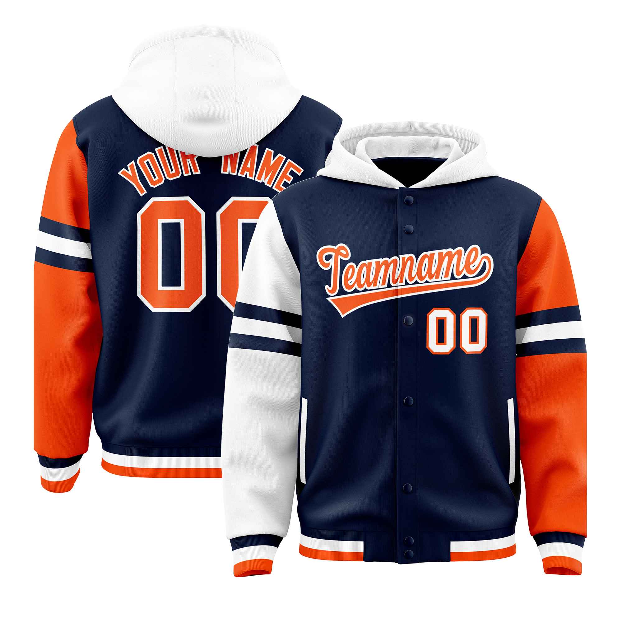 Custom Navy White-Orange Raglan Sleeves Varsity Full-Snap Letterman Three Stripes Jacket Hoodie