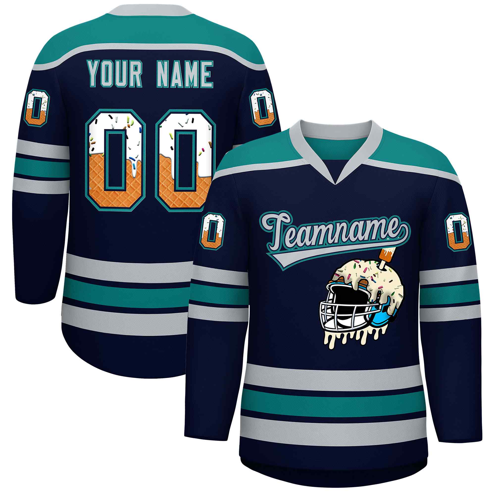 Custom Navy Teal Ice Cream Helmet Pattern Personalized V-Neck Hockey Jersey
