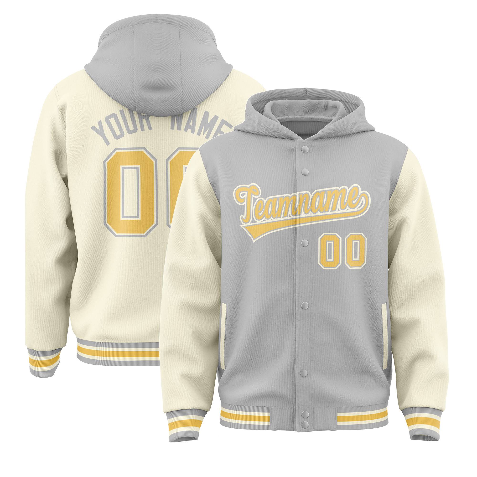 Custom Gray Cream Raglan Sleeves Varsity Full-Snap Letterman Two Tone Jacket Hoodie