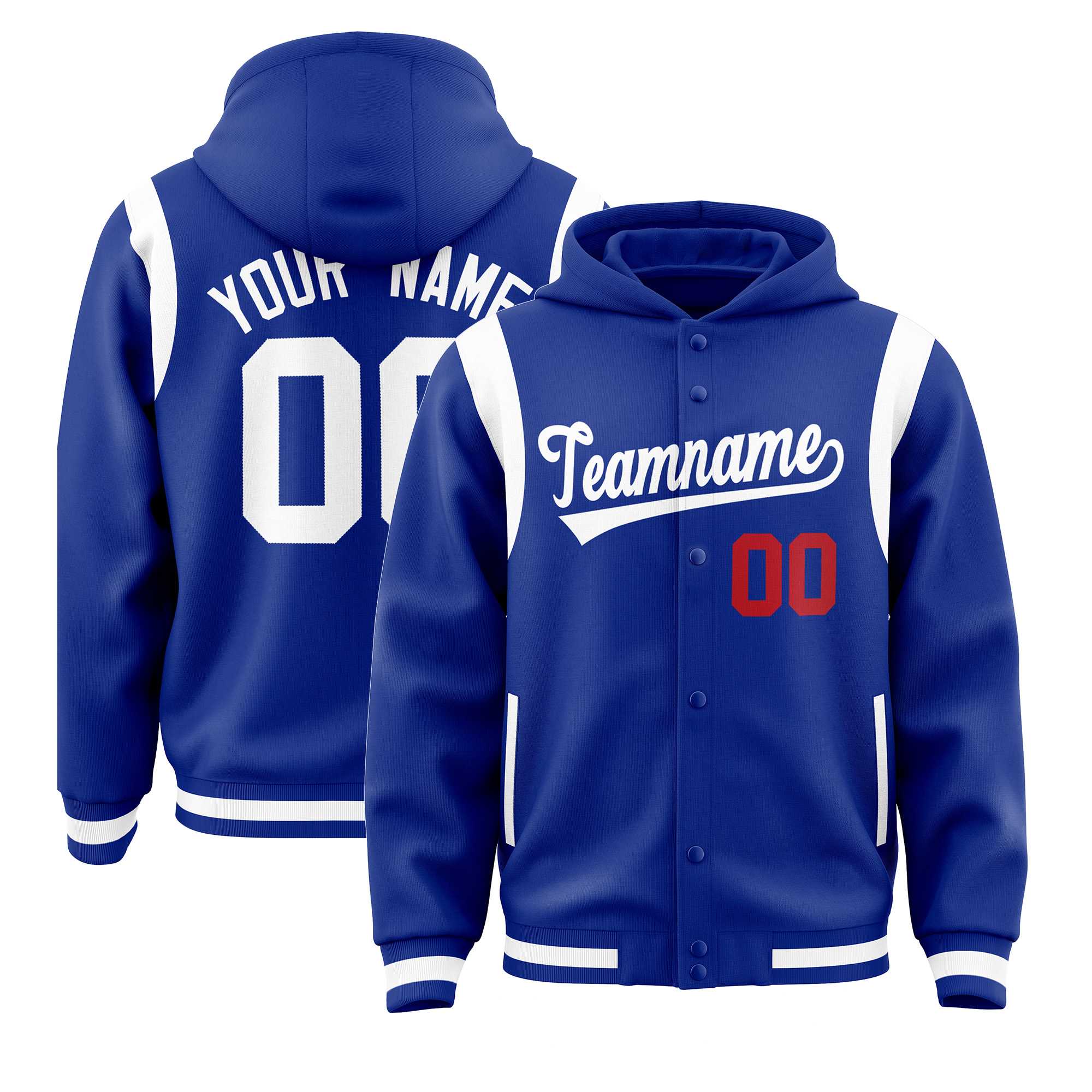Custom Royal White Varsity Full-Snap Letterman Shoulder Color Block Jacket Hoodie