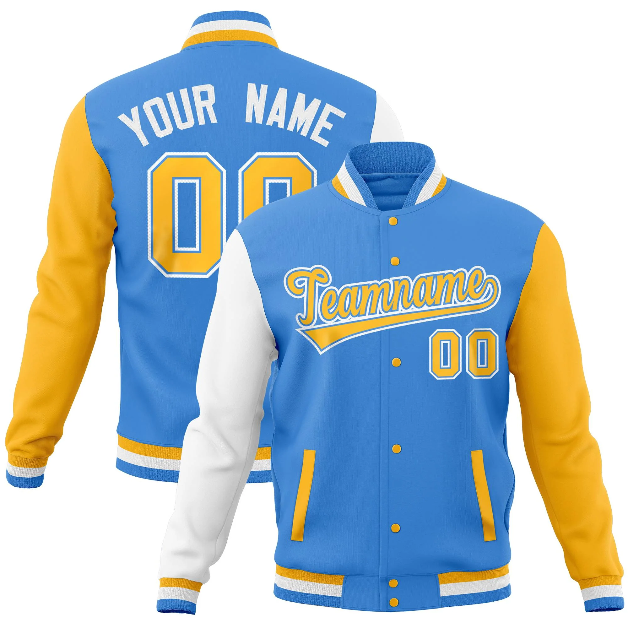 Custom Powder Blue Gold White Full-Snap Varsity Raglan Sleeves Letterman Baseball Jacket