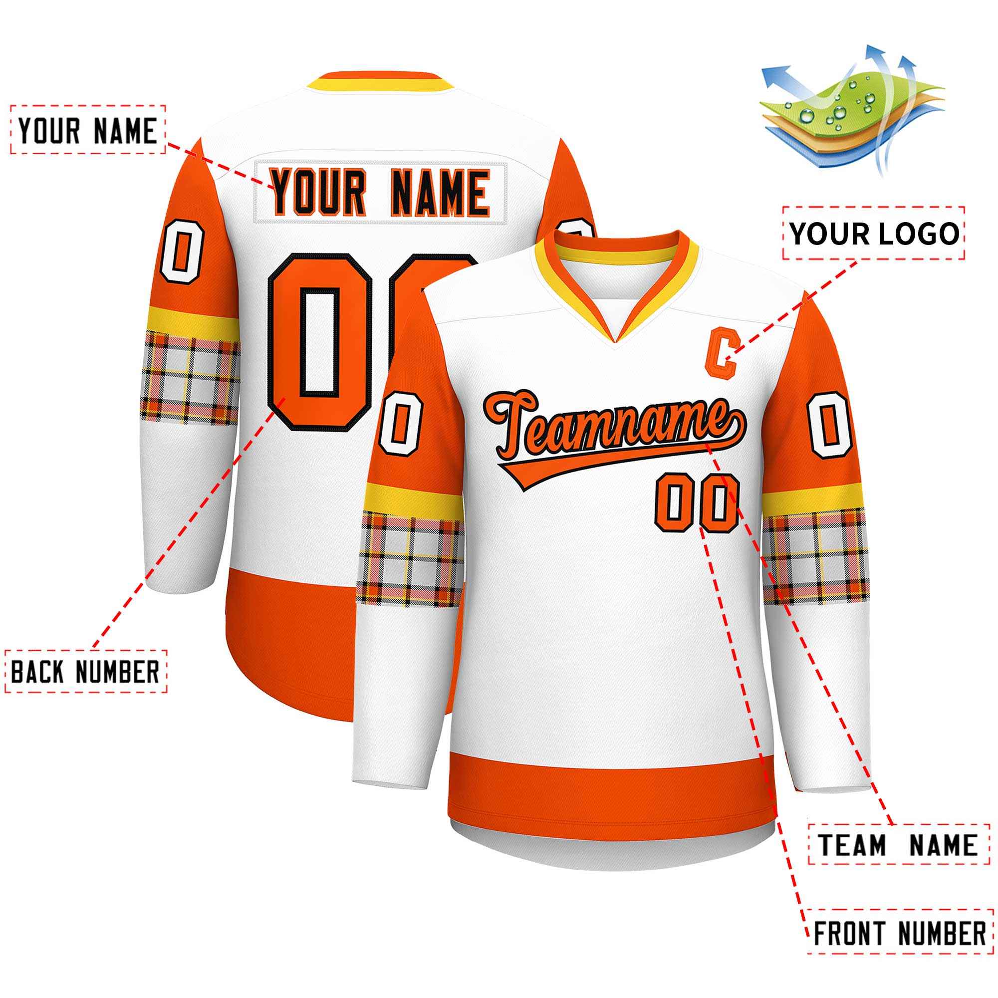 Custom White Orange-Yellow Personalized Raglan Sleeves V-Neck Hockey Jersey