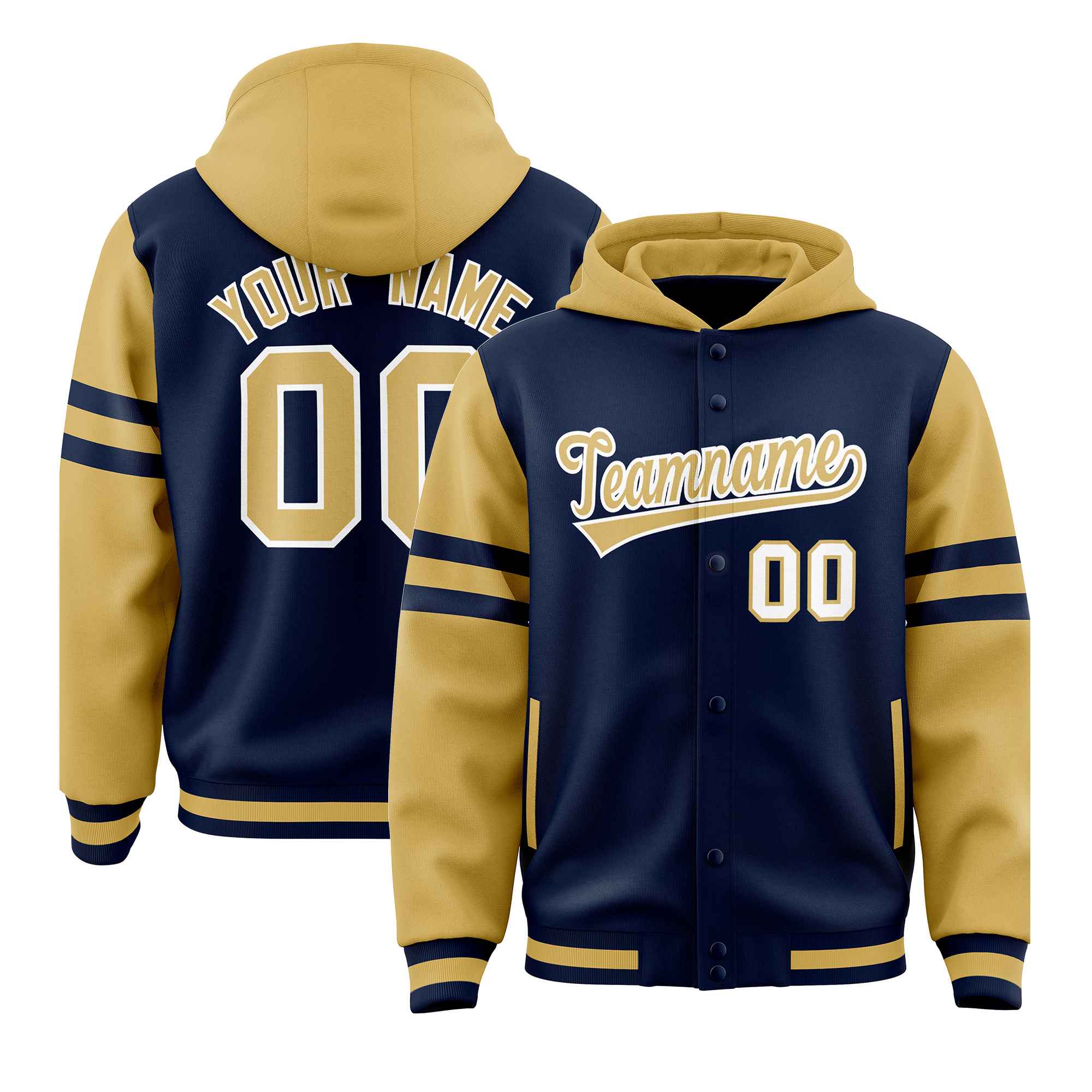 Custom Navy Old Gold Raglan Sleeves Varsity Full-Snap Letterman Three Stripes Jacket Hoodie