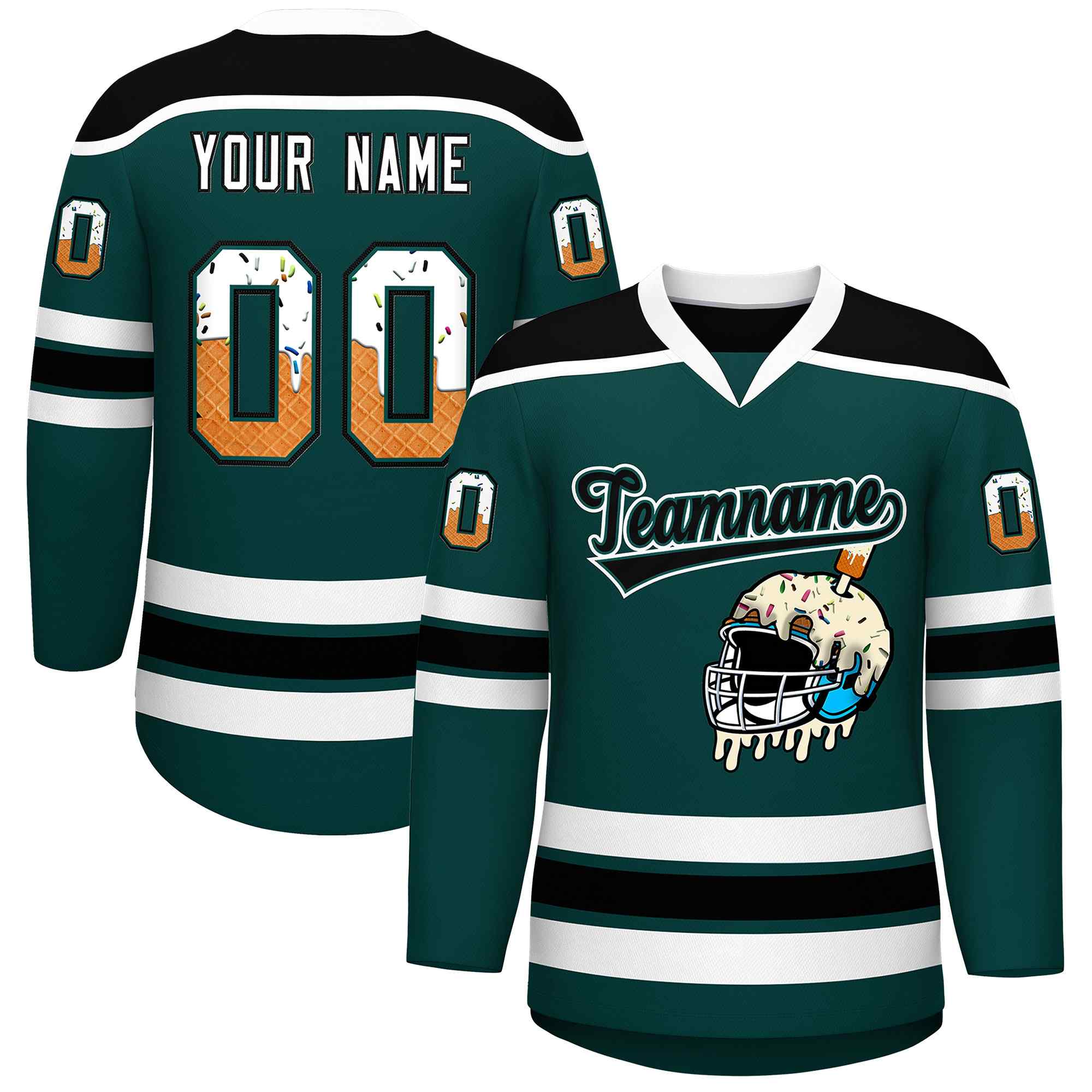Custom Midnight Green Black Ice Cream Helmet Pattern Personalized V-Neck Hockey Jersey