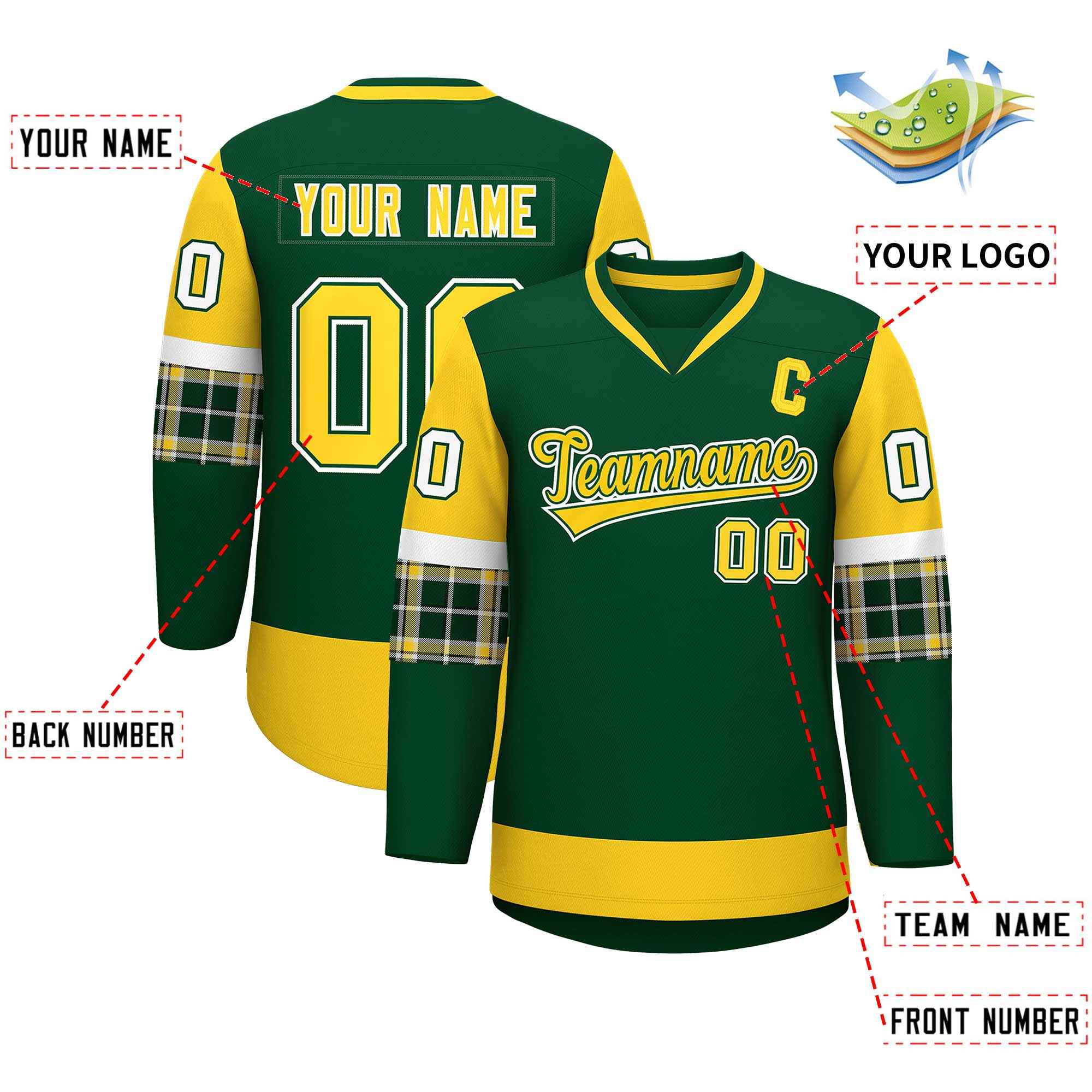Custom Green Gold-White Personalized Raglan Sleeves V-Neck Hockey Jersey