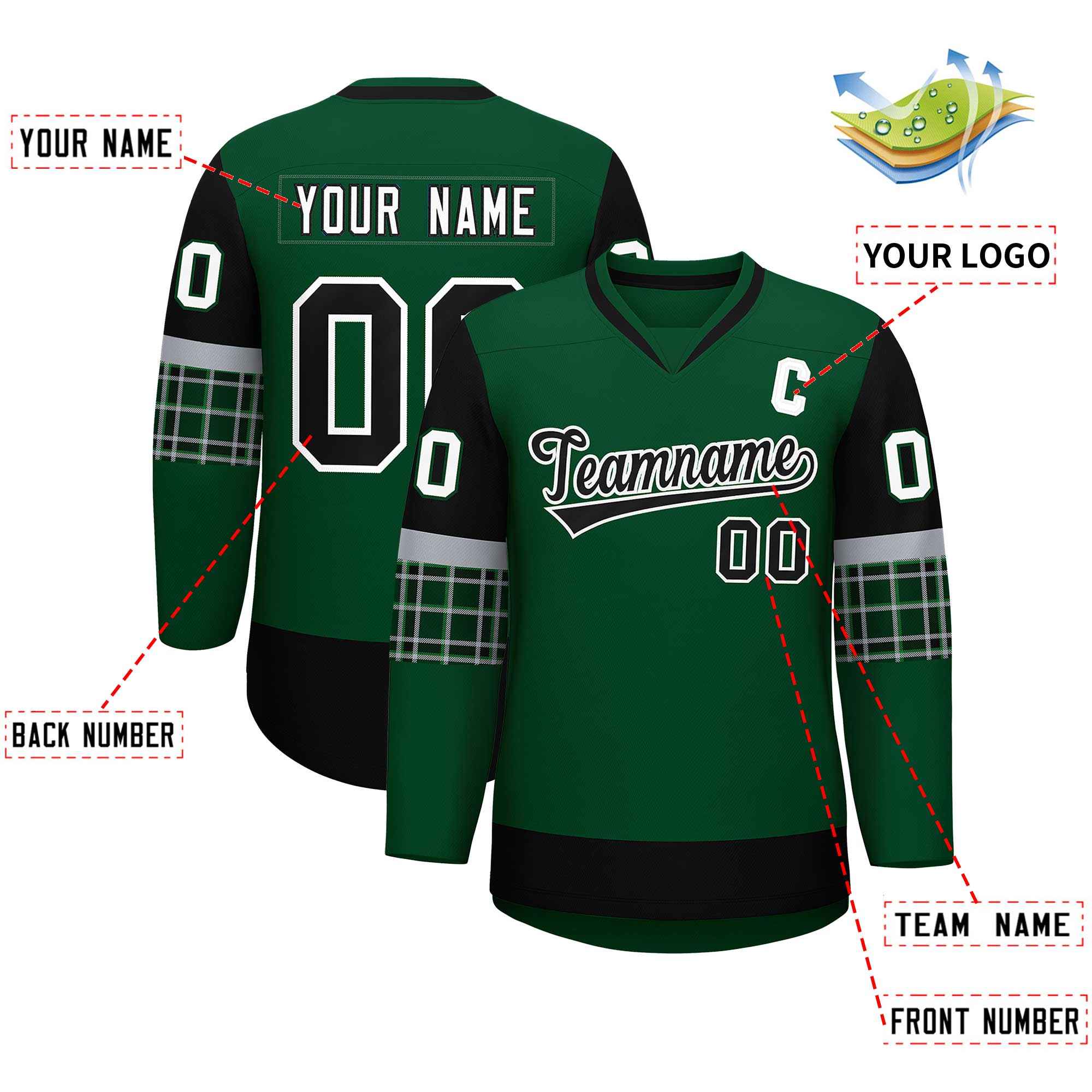Custom Green Black-White Personalized Raglan Sleeves V-Neck Hockey Jersey