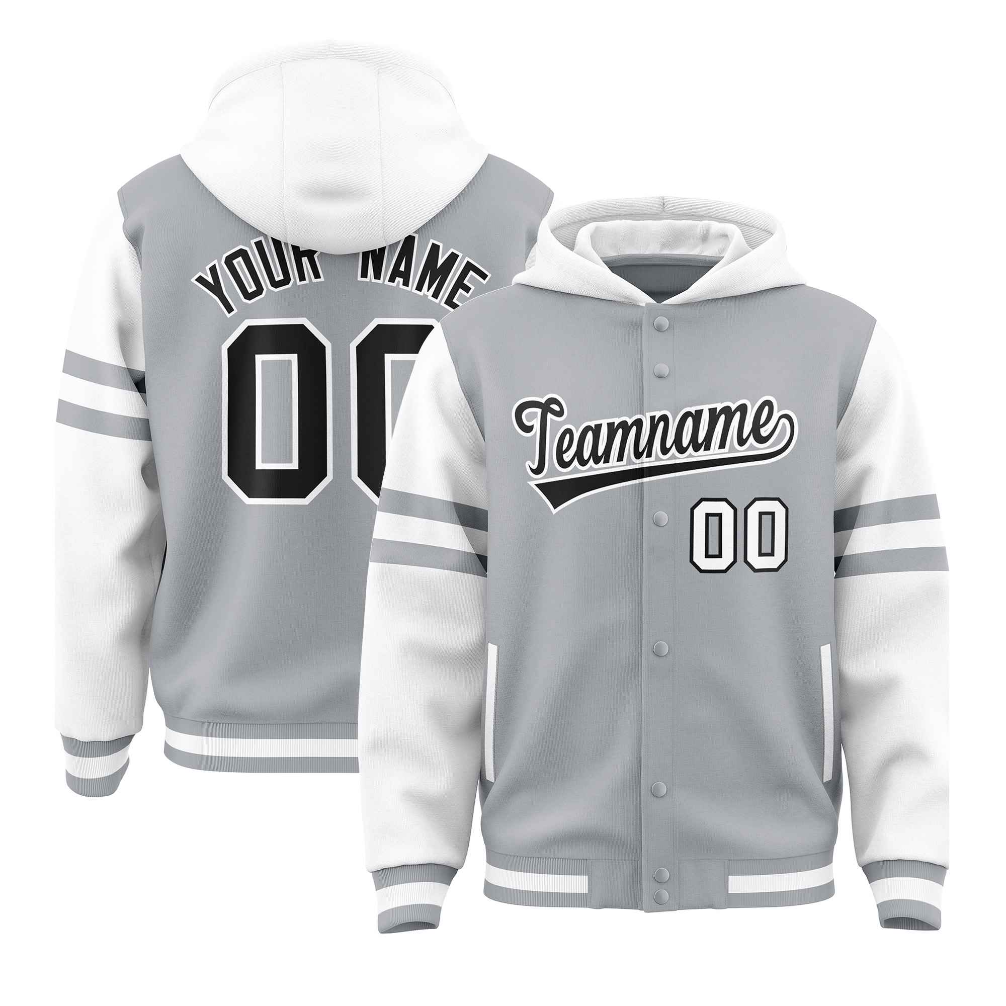 Custom Silver White Raglan Sleeves Varsity Full-Snap Letterman Three Stripes Jacket Hoodie