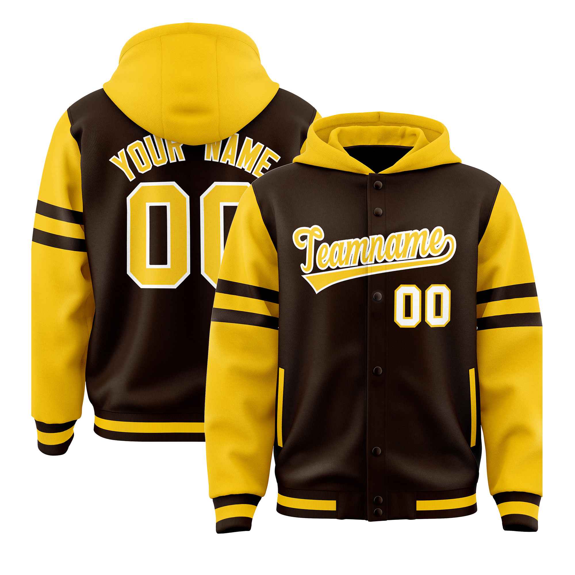 Custom Brown Gold Raglan Sleeves Varsity Full-Snap Letterman Three Stripes Jacket Hoodie