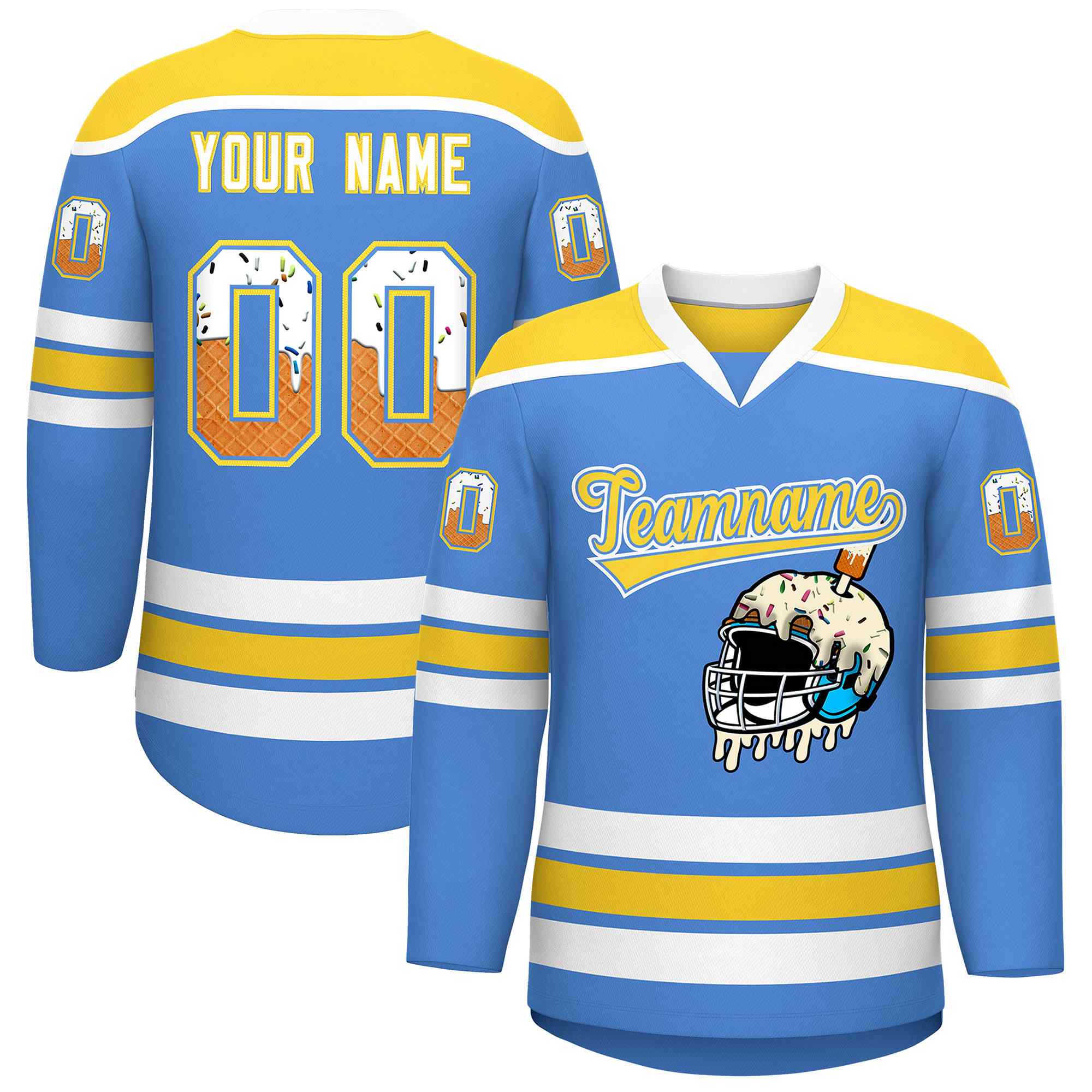 Custom Powder Blue Gold Ice Cream Helmet Pattern Personalized V-Neck Hockey Jersey