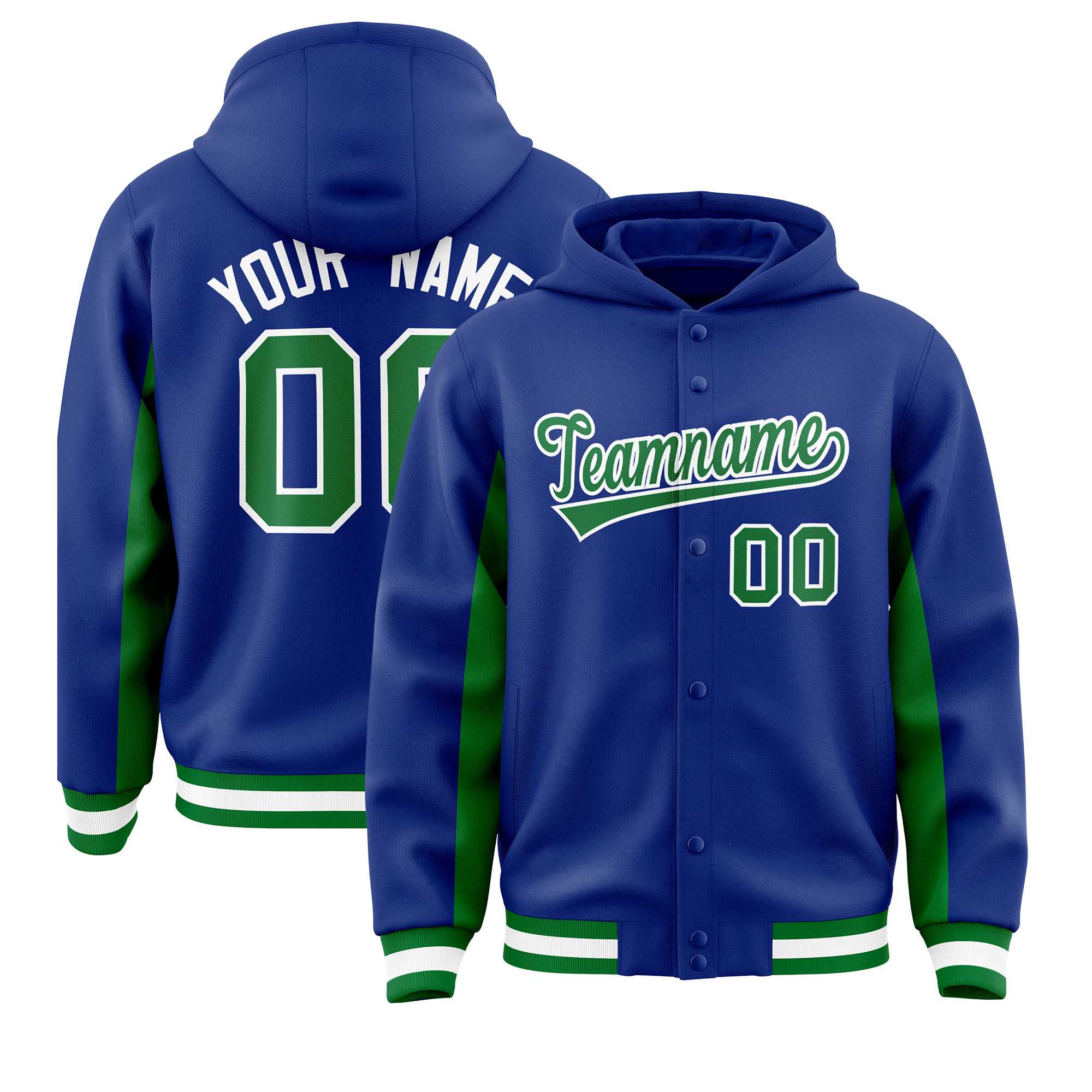 Custom Royal Kelly Green Color Block Varsity Full-Snap Letterman Jacket Hoodie
