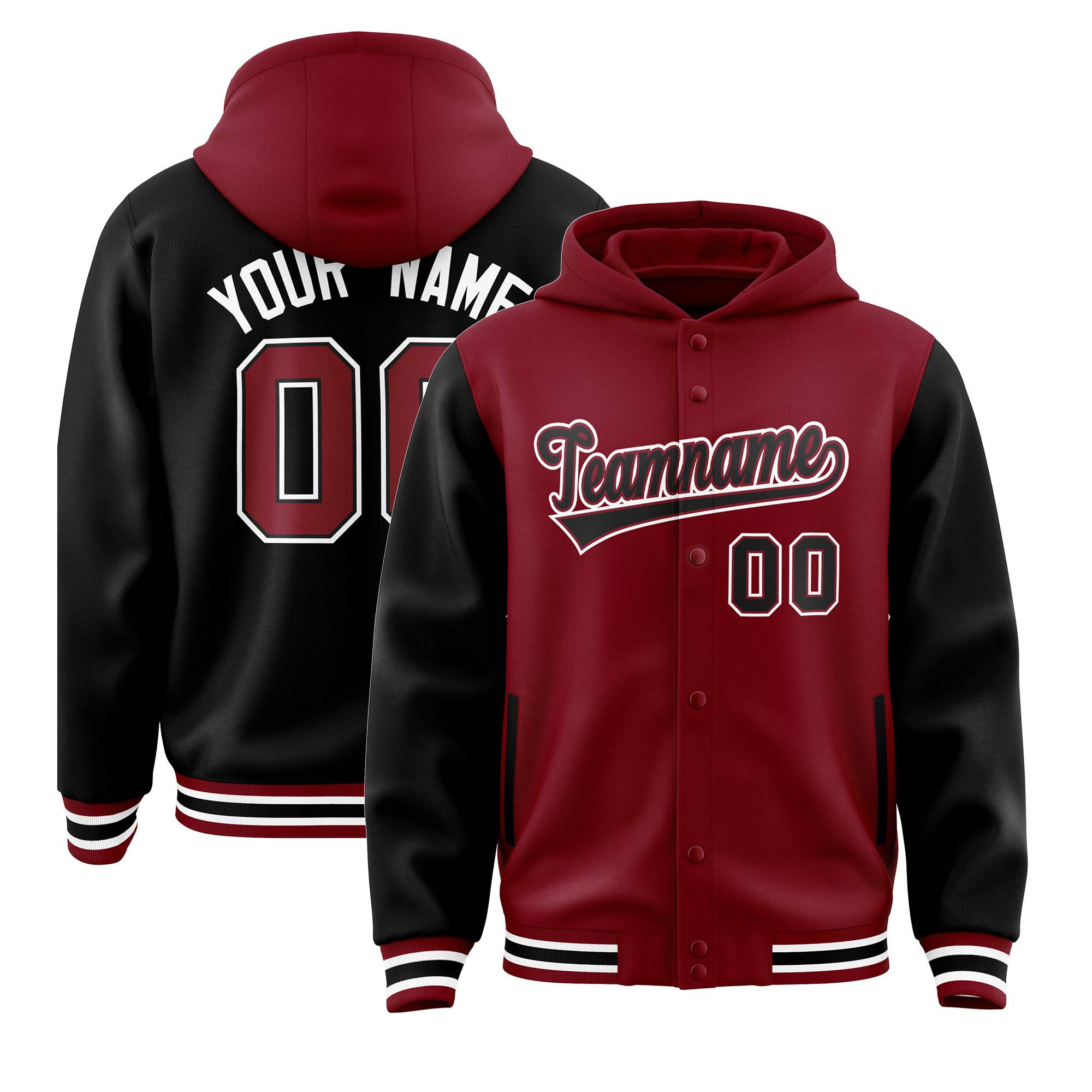 Custom Crimson Black Raglan Sleeves Varsity Full-Snap Letterman Two Tone Jacket Hoodie