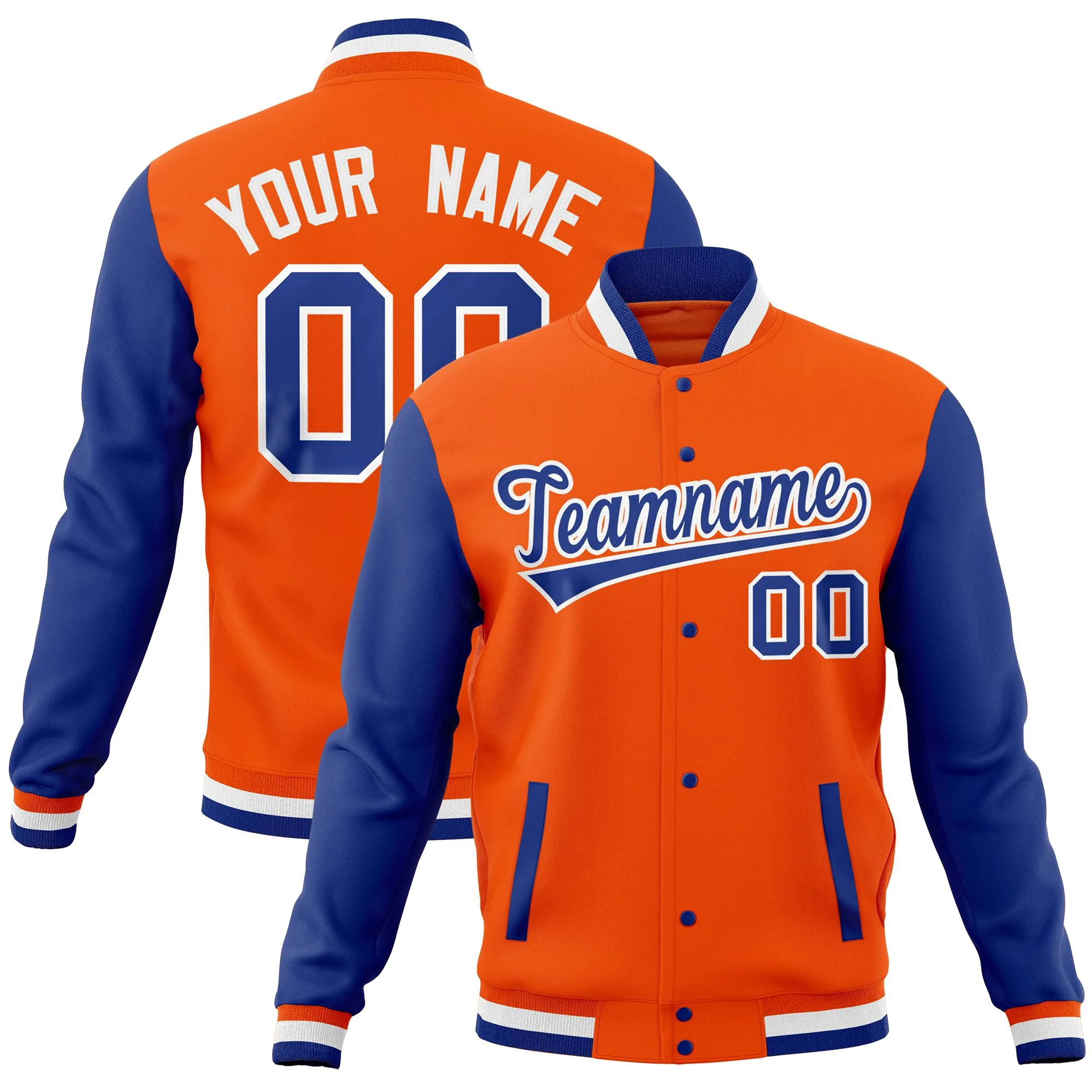 Custom Orange Royal Full-Snap Varsity Raglan Sleeves Letterman Baseball Jacket