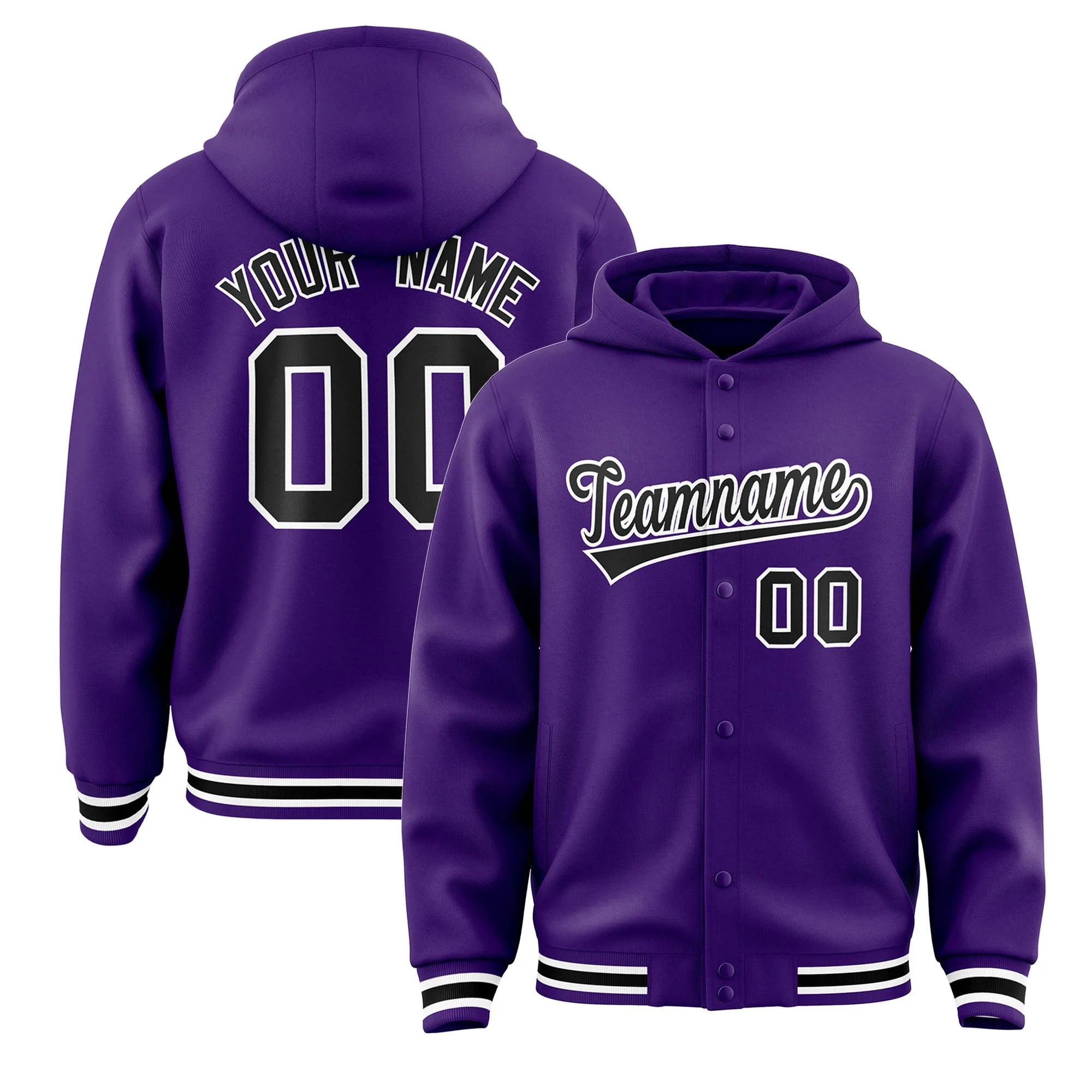 Custom Purple Black-White Varsity Full-Snap Letterman Classic Jacket Hoodie