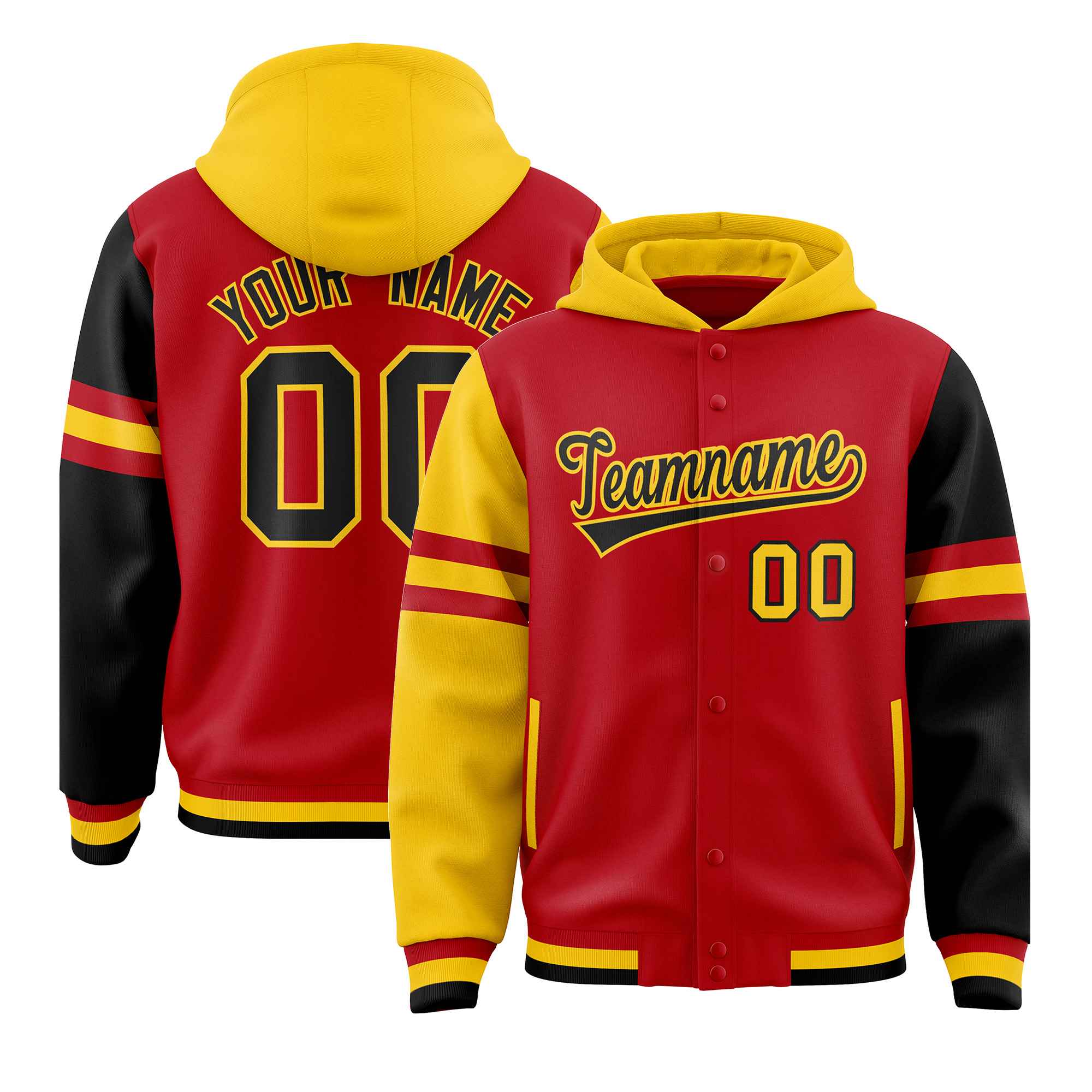 Custom Red Gold-Black Raglan Sleeves Varsity Full-Snap Letterman Three Stripes Jacket Hoodie