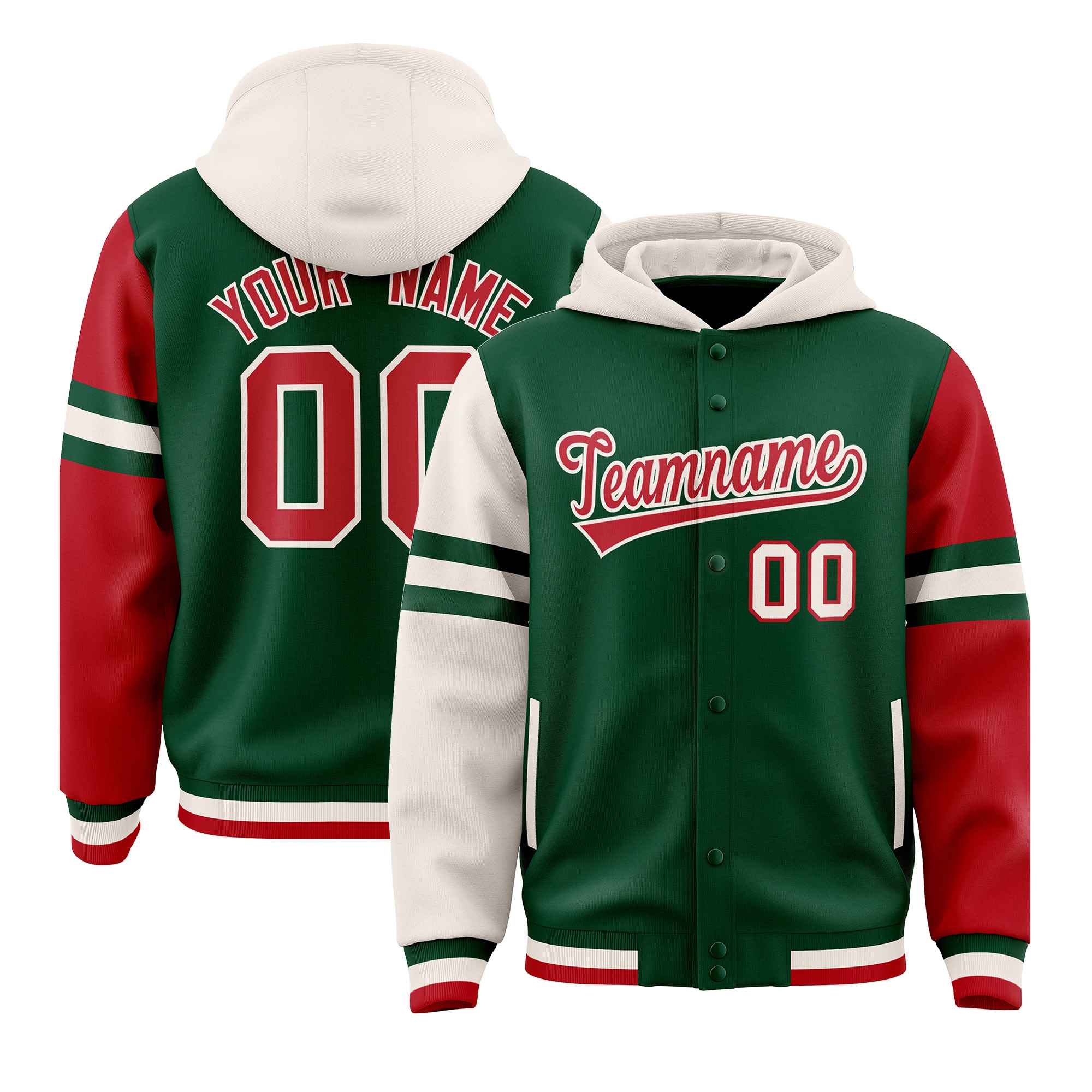 Custom Green Cream-Red Raglan Sleeves Varsity Full-Snap Letterman Three Stripes Jacket Hoodie