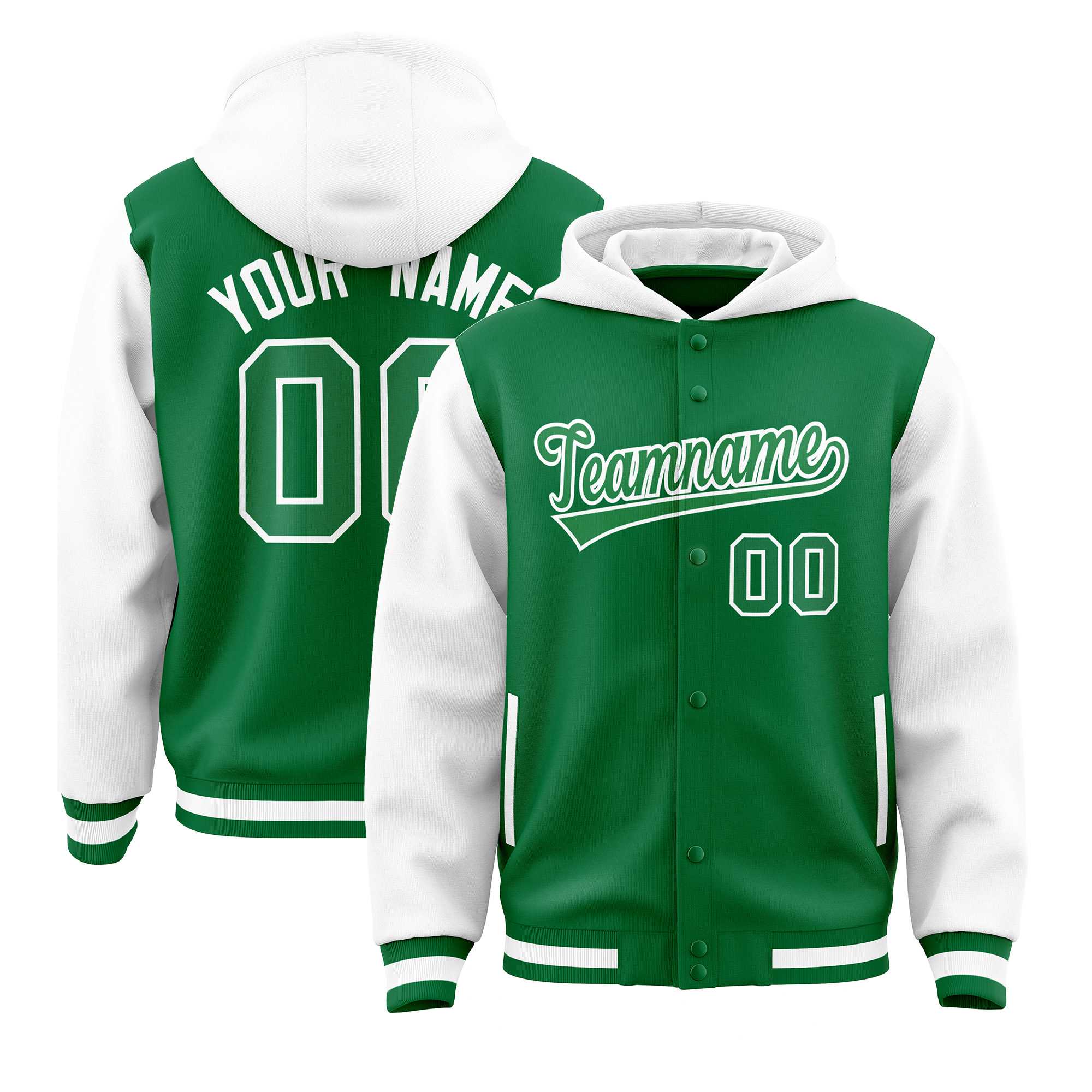 Custom Kelly Green White Raglan Sleeves Varsity Full-Snap Letterman Two Tone Jacket Hoodie