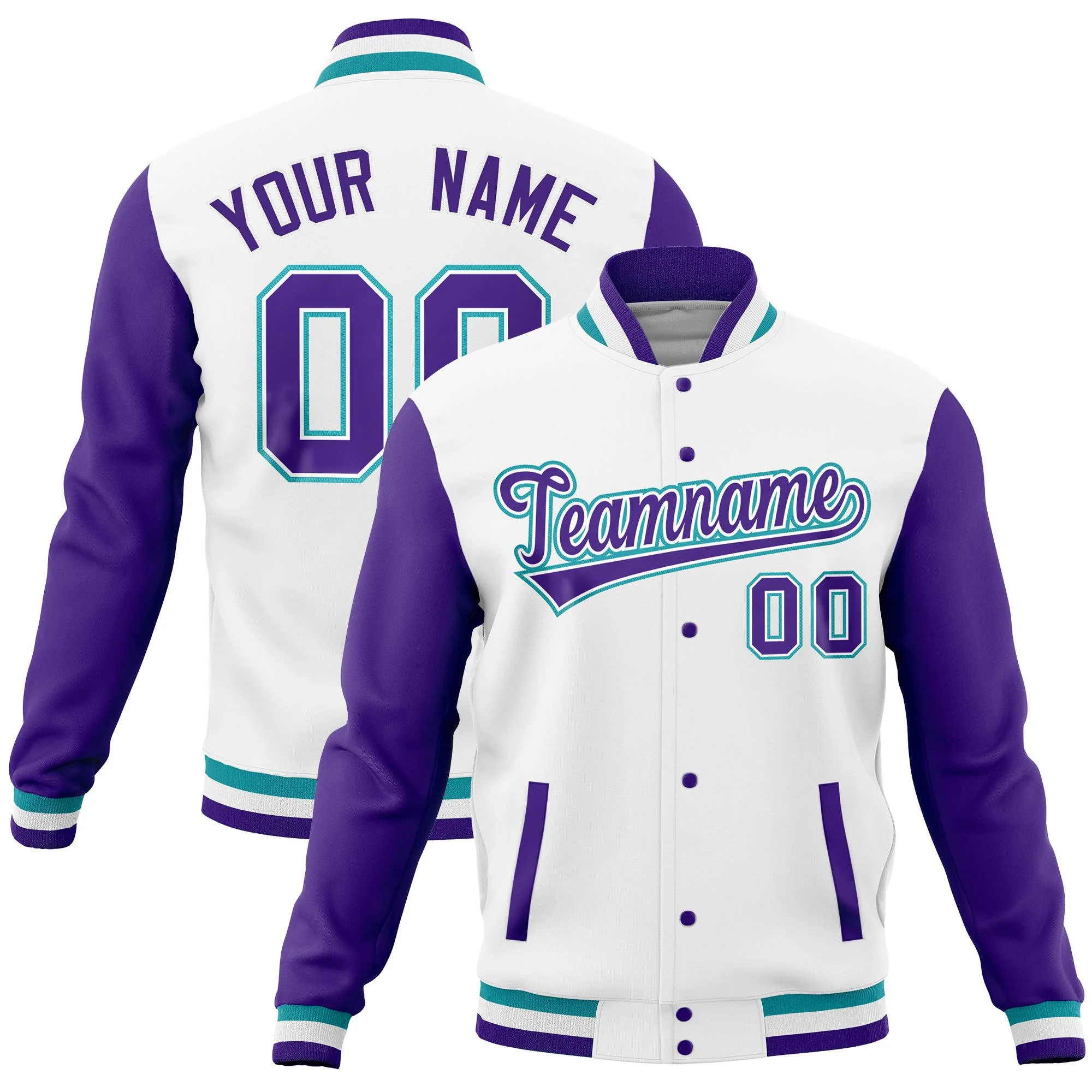 Custom White Purple Full-Snap Varsity Raglan Sleeves Letterman Baseball Jacket