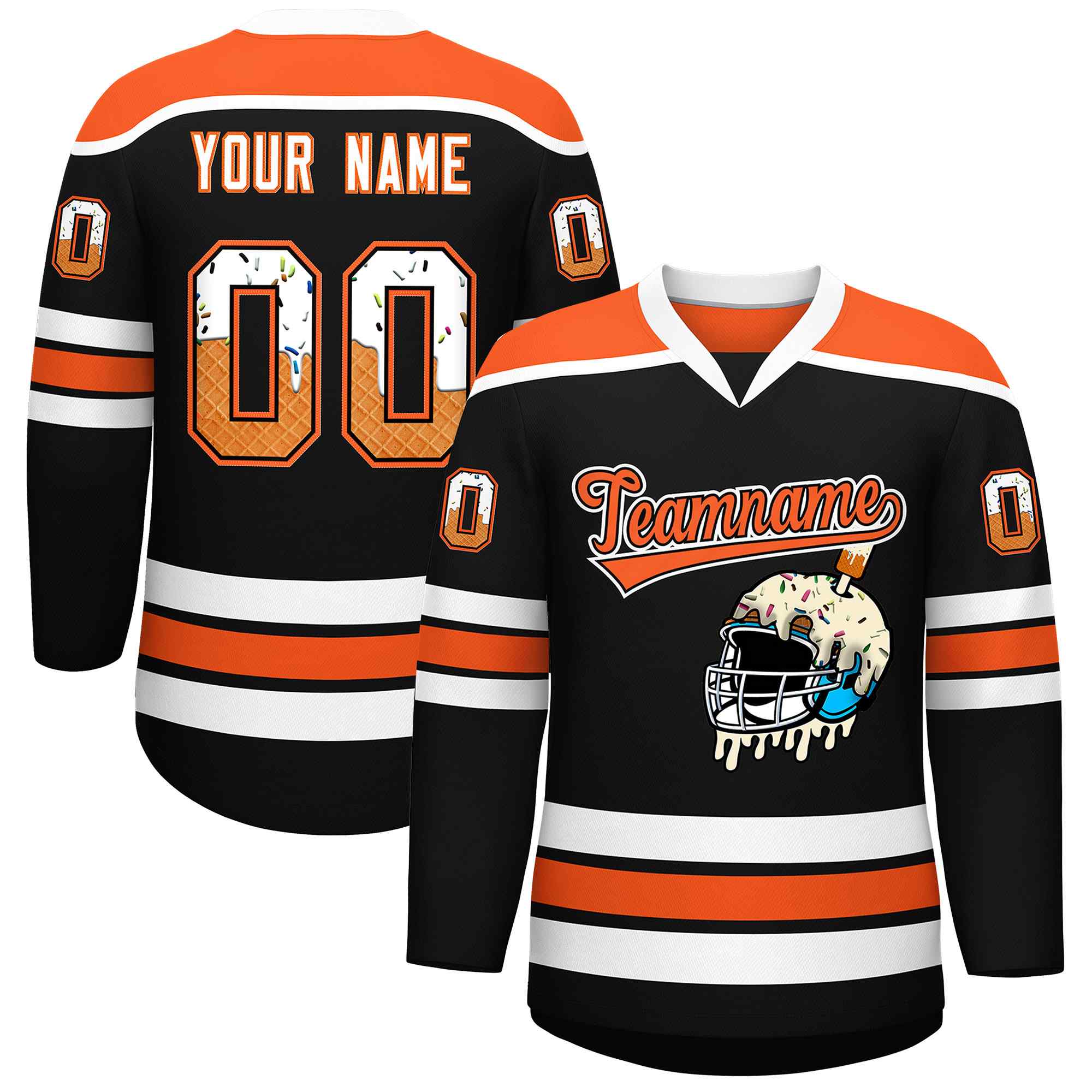 Custom Black Orange Ice Cream Helmet Pattern Personalized V-Neck Hockey Jersey