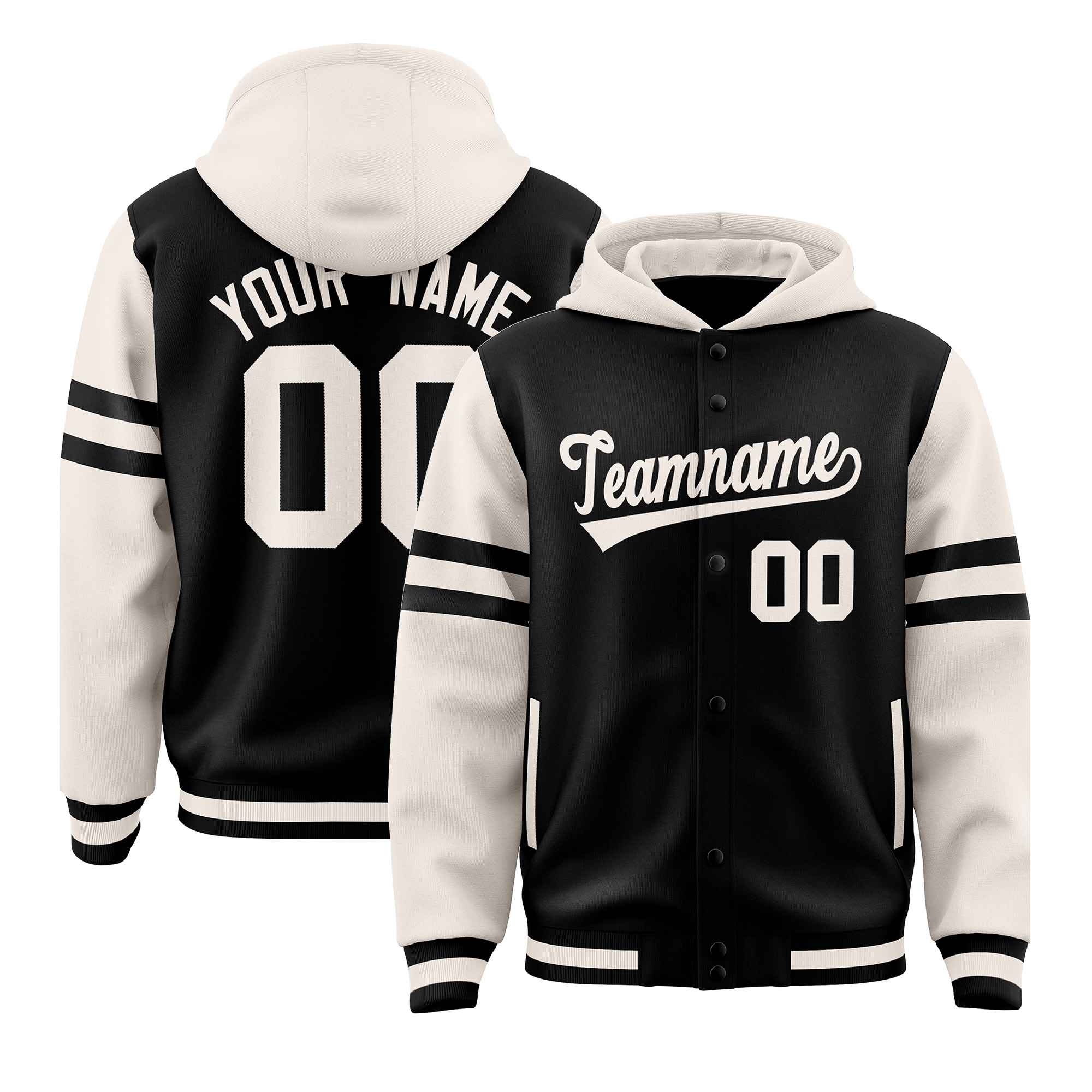 Custom Black Cream Raglan Sleeves Varsity Full-Snap Letterman Three Stripes Jacket Hoodie