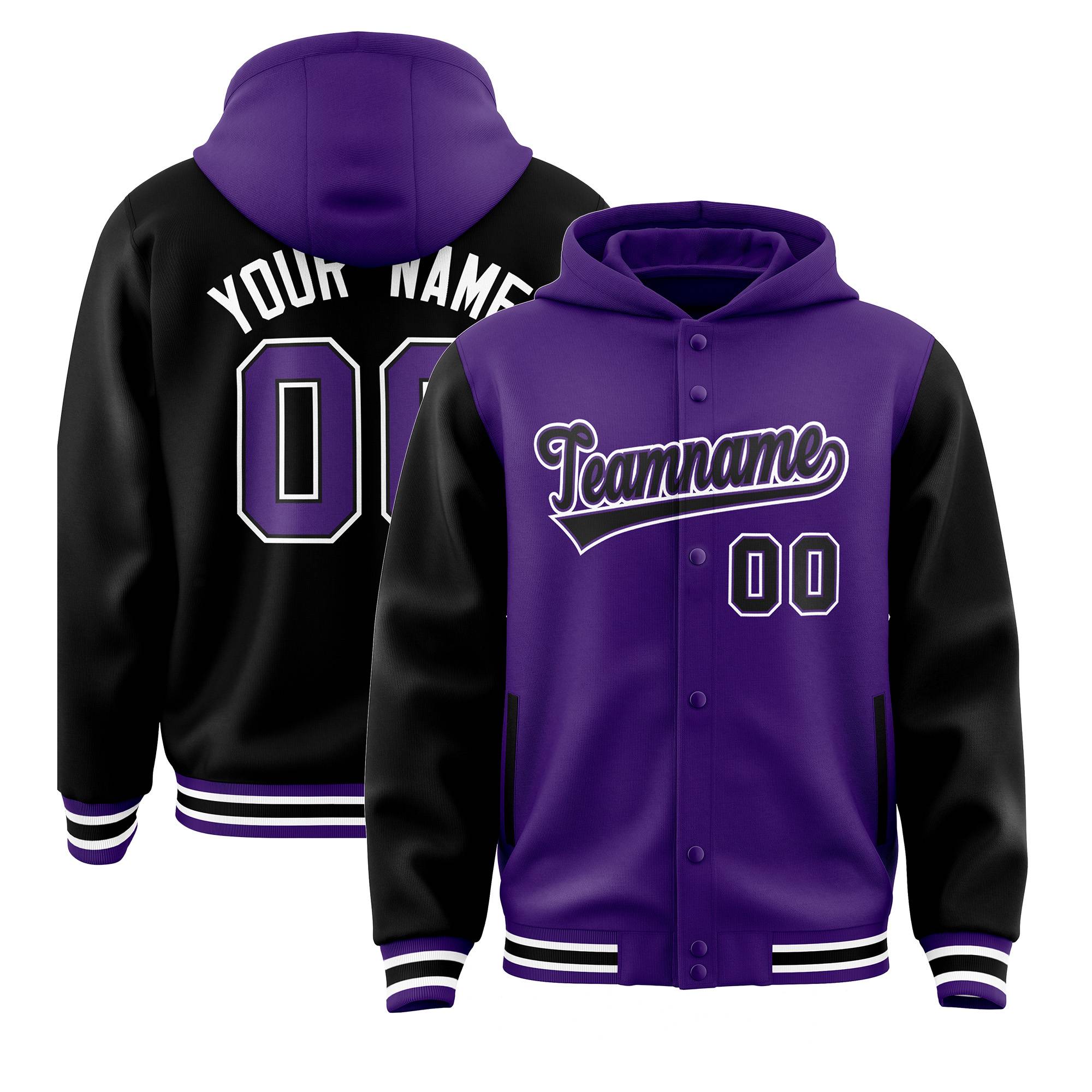 Custom Purple Black Raglan Sleeves Varsity Full-Snap Letterman Two Tone Jacket Hoodie