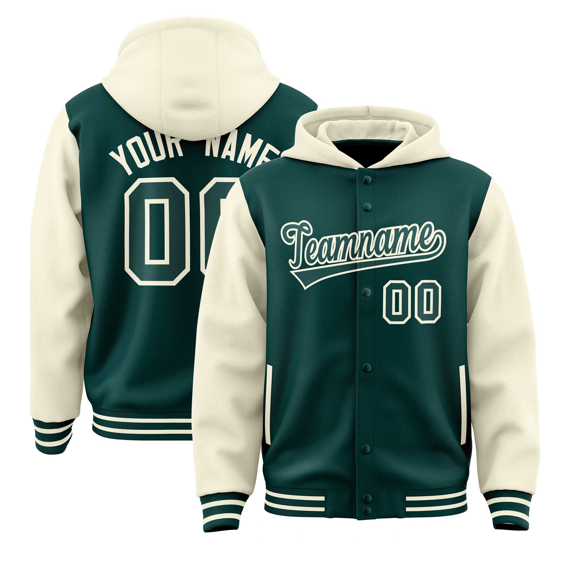 Custom Midnight Green Cream Raglan Sleeves Varsity Full-Snap Letterman Two Tone Jacket Hoodie