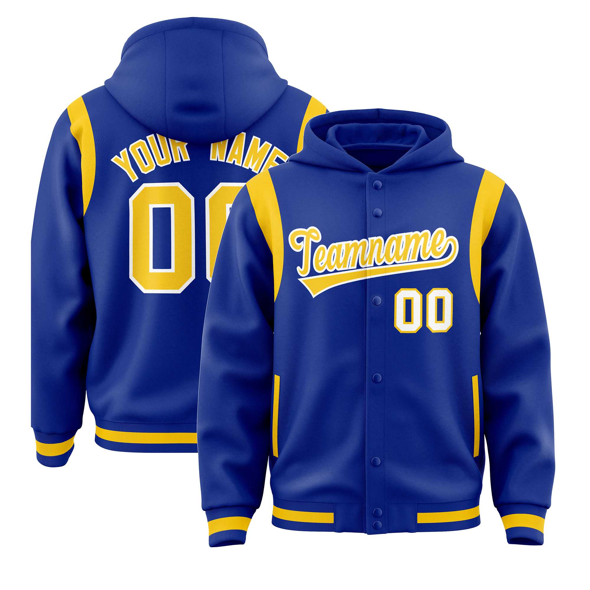 Custom Royal Gold Varsity Full-Snap Letterman Shoulder Color Block Jacket Hoodie