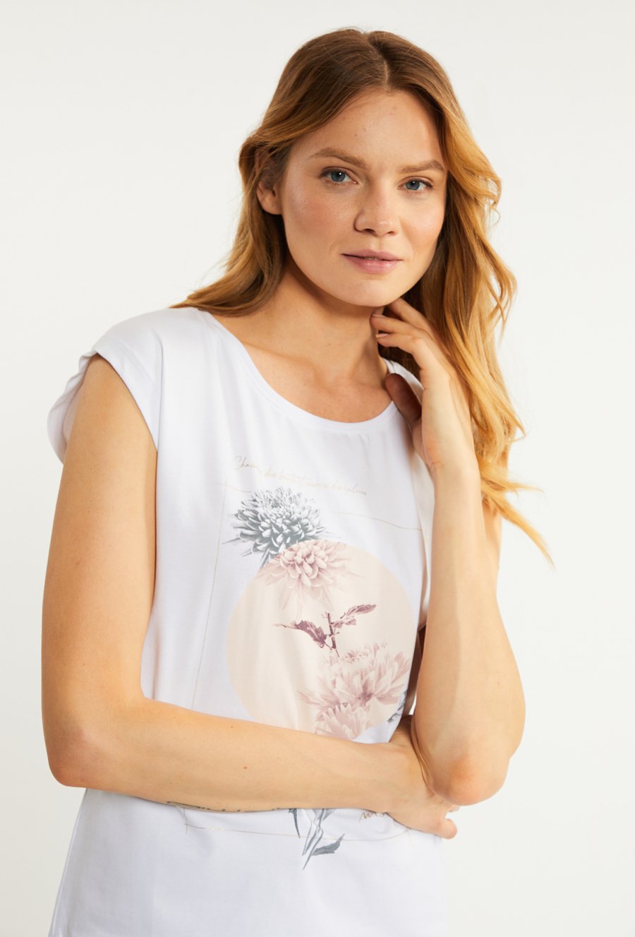 Bawełniany t-shirt damski z wzorzystym panelem