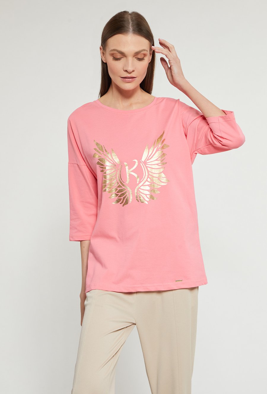 Bawełniany t-shirt damski z ozdobnym panelem