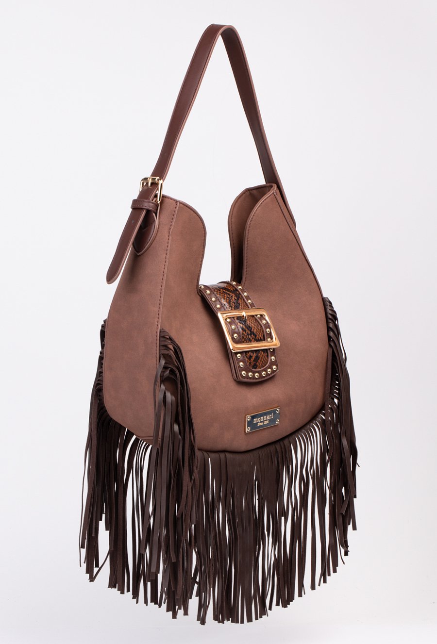 Torba z frędzlami i ozdobną klamrą